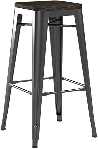 DHP Fusion Metal Backless 30" Barstool with Wood Seat, Distressed Metal Finish for Industrial Appeal, Set of two, Antique Gun Metal