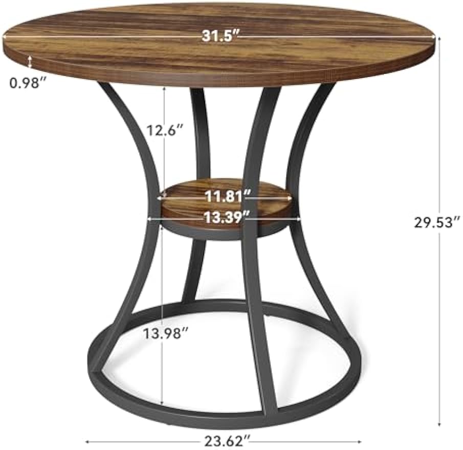 LITTLE TREE Round Dining Table for 4, Wooden Circle Dining Room Table with Storage Shelf, 2-Tier Dinner Tables Bistro Table for Living Room, Apartment, Rustic Brown