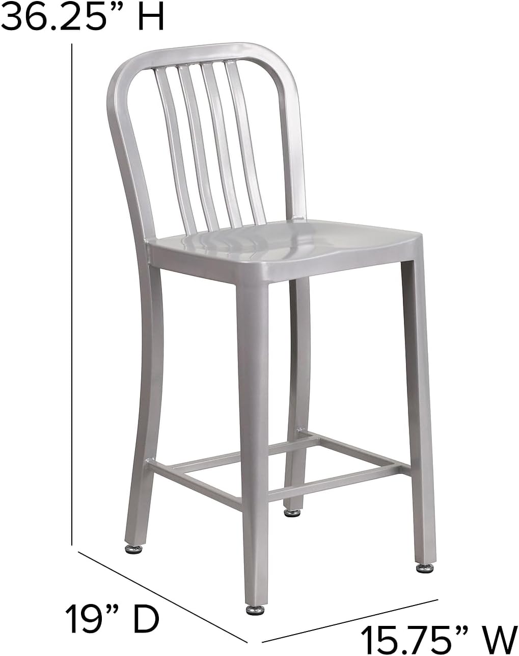 Flash Furniture 24" Commercial Grade Metal Counter Height Stool with Footrest, Modern Vertical Slat Back Stool for Restaurants and Kitchens, Silver