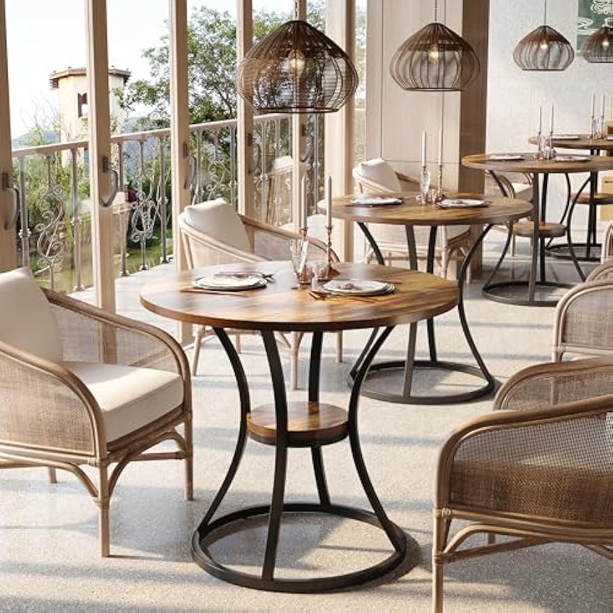 LITTLE TREE Round Dining Table for 4, Wooden Circle Dining Room Table with Storage Shelf, 2-Tier Dinner Tables Bistro Table for Living Room, Apartment, Rustic Brown