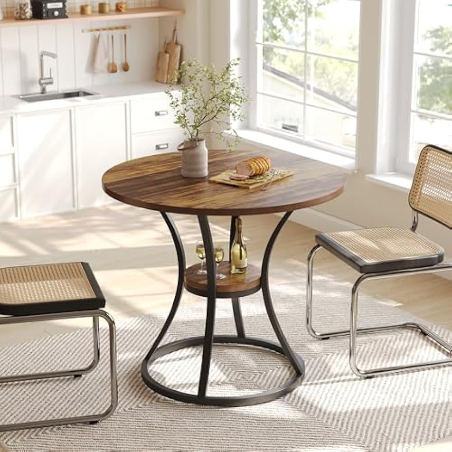 LITTLE TREE Round Dining Table for 4, Wooden Circle Dining Room Table with Storage Shelf, 2-Tier Dinner Tables Bistro Table for Living Room, Apartment, Rustic Brown
