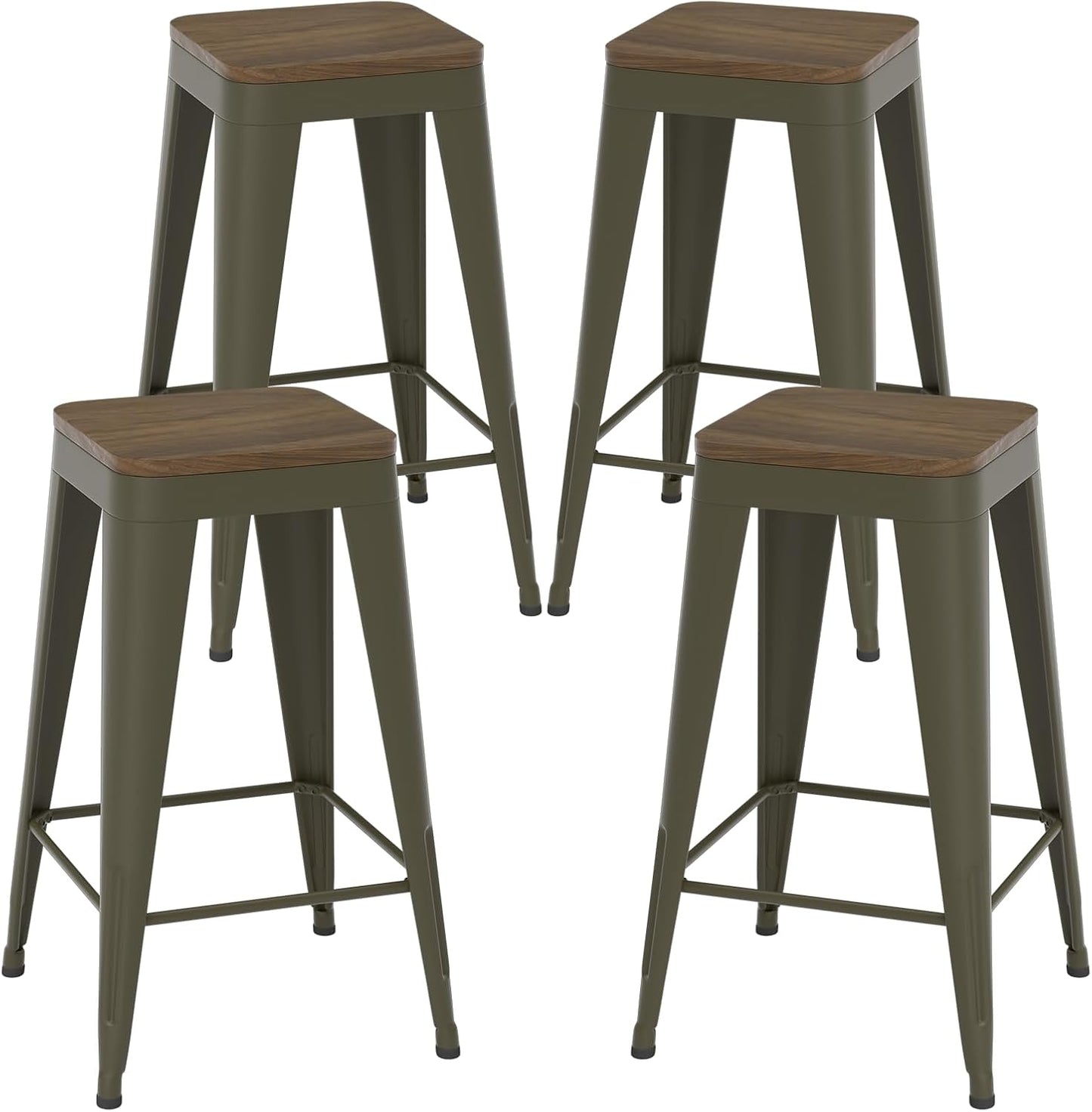 Black Bar Stools Set of 4, Metal Bar Stools with Wooden Seat, Modern 24”Counter Height Barstools with Low Back