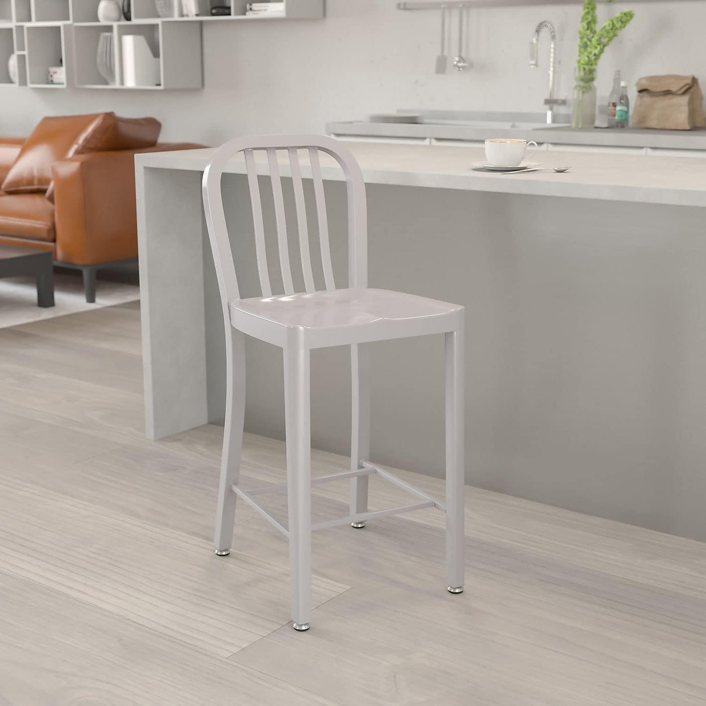 Flash Furniture 24" Commercial Grade Metal Counter Height Stool with Footrest, Modern Vertical Slat Back Stool for Restaurants and Kitchens, Silver