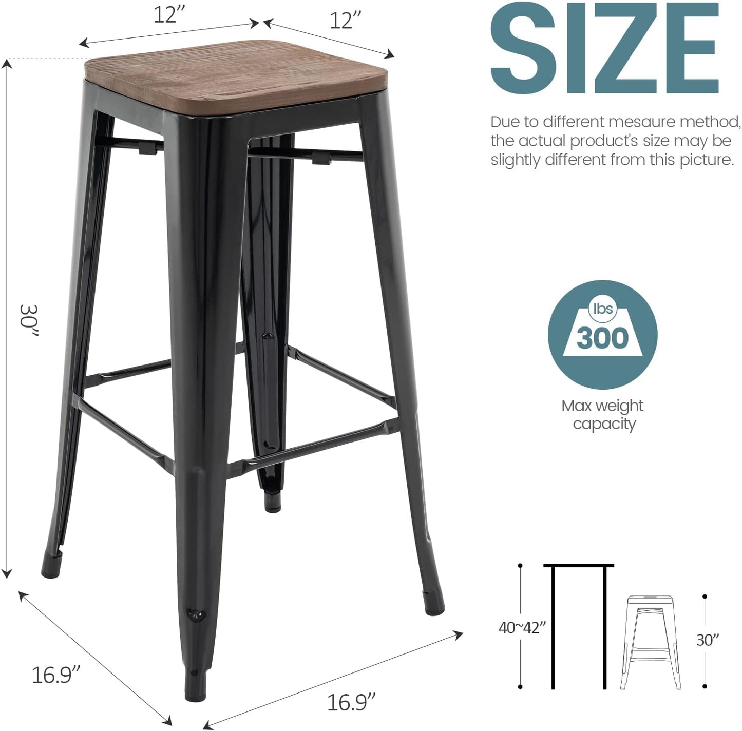 Brage Living 30 Inch Metal Bar Stools with Square Solid Elm Wood Seat Top, Backless Stackable Industrial Barstools Set of 2 (Black)