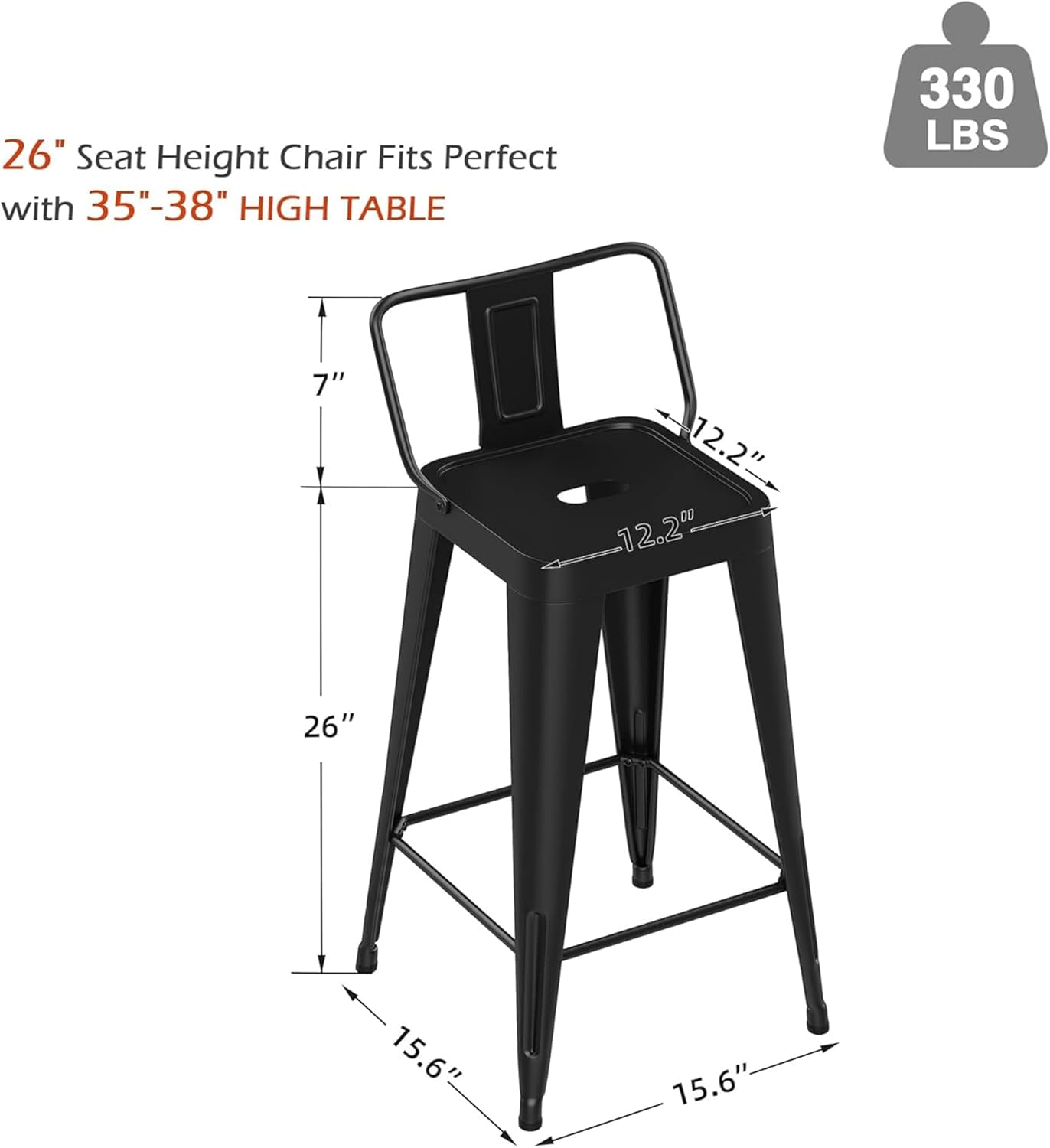 Metal Bar Stools Set of 4 Barstools Indoor/Outdoor Counter Height Bar Stools Bar Chairswith Back Counter Height for Kitchen Island Dining Room (Black, 26inch)