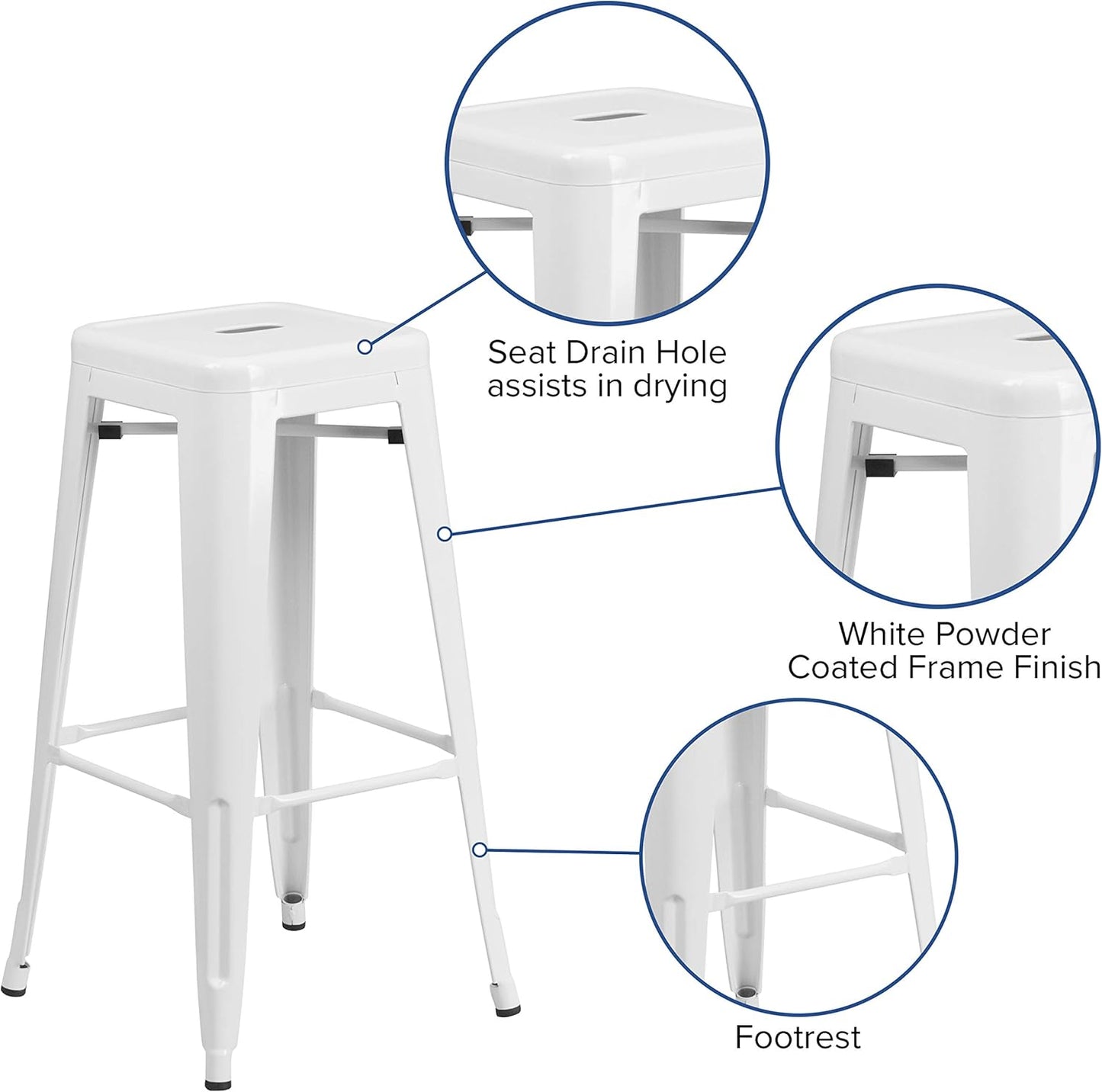 EMMA + OLIVER Commercial Grade 30" H Backless White Metal Indoor-Outdoor Barstool, Square