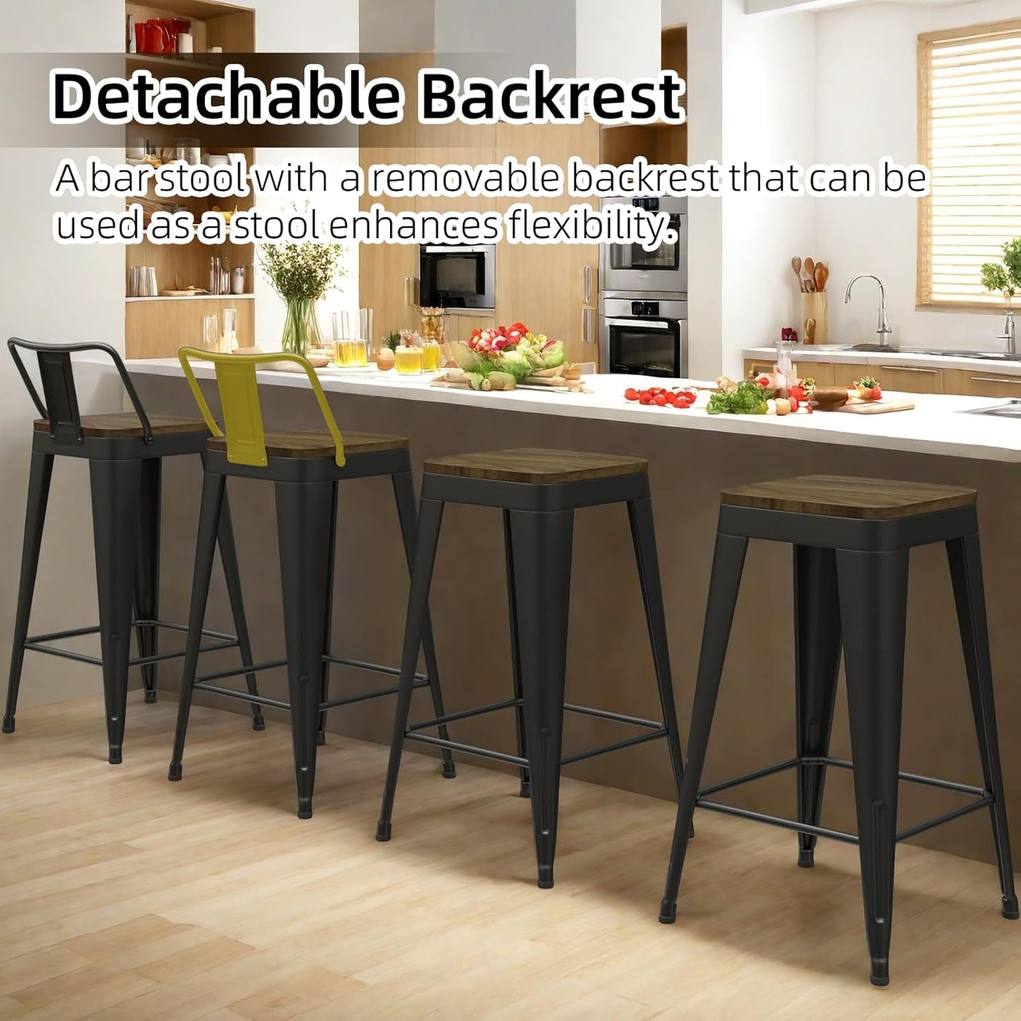 Black Bar Stools Set of 4, Metal Bar Stools with Wooden Seat, Modern 24”Counter Height Barstools with Low Back