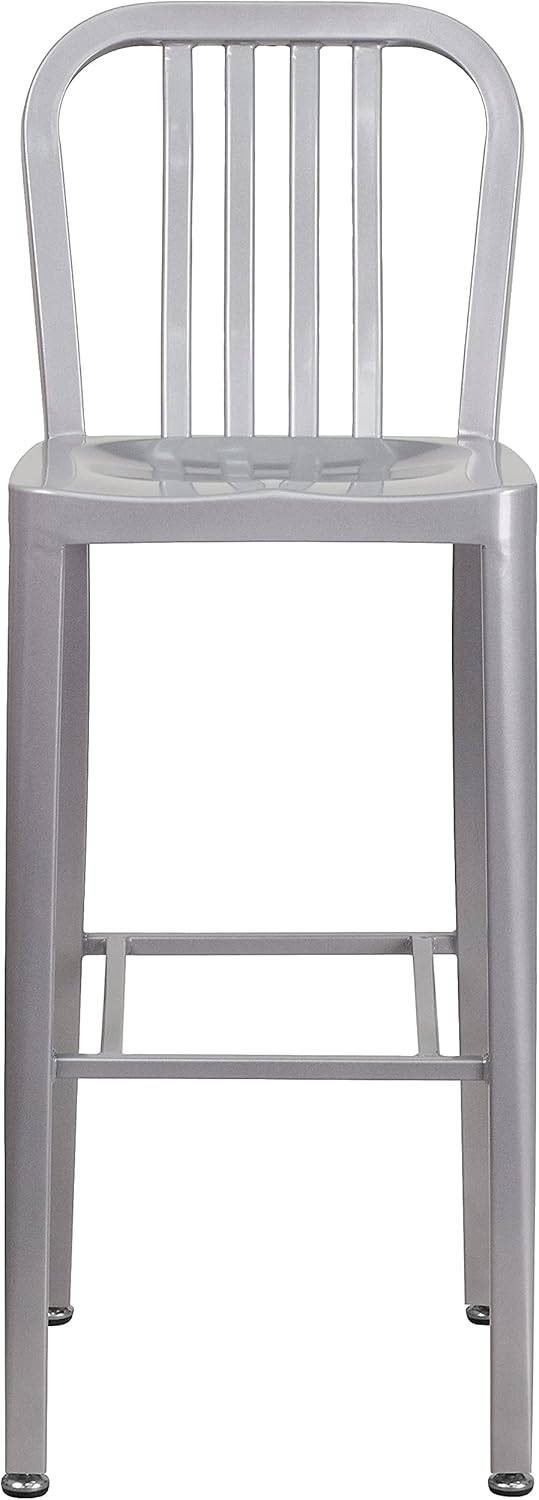 Flash Furniture Gael 30" Commercial Metal Barstools with Footrest, Vertical Slat Back Bar Height Stools for Restaurants and Kitchens, Set of 2, Silver