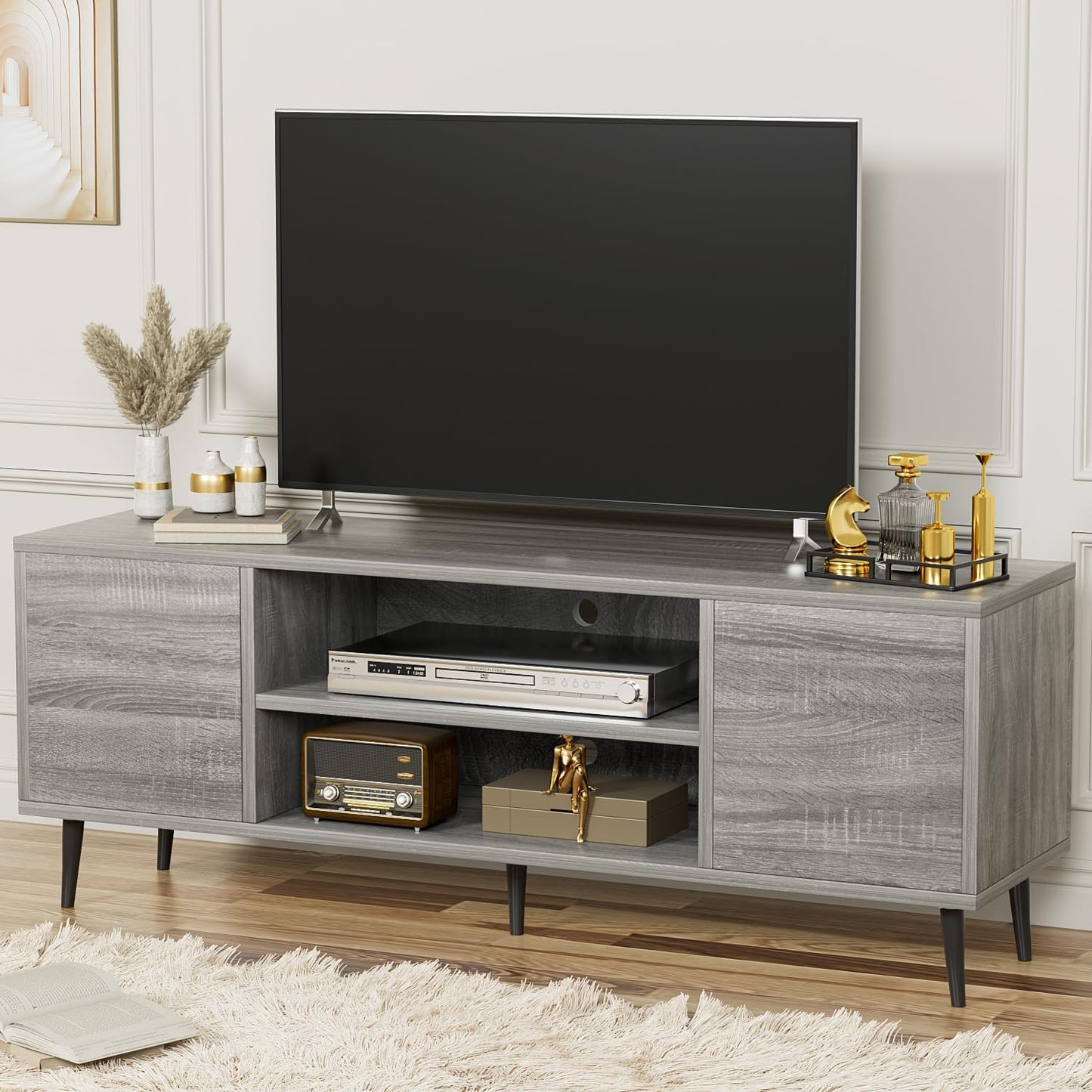 YESHOMY Modern TV Stand for 65" Television, Entertainment Center with Two Storage Cabinets, Retro Style Media Console for Living Room, Bedroom, Office, 58 Inch, White and Coffee