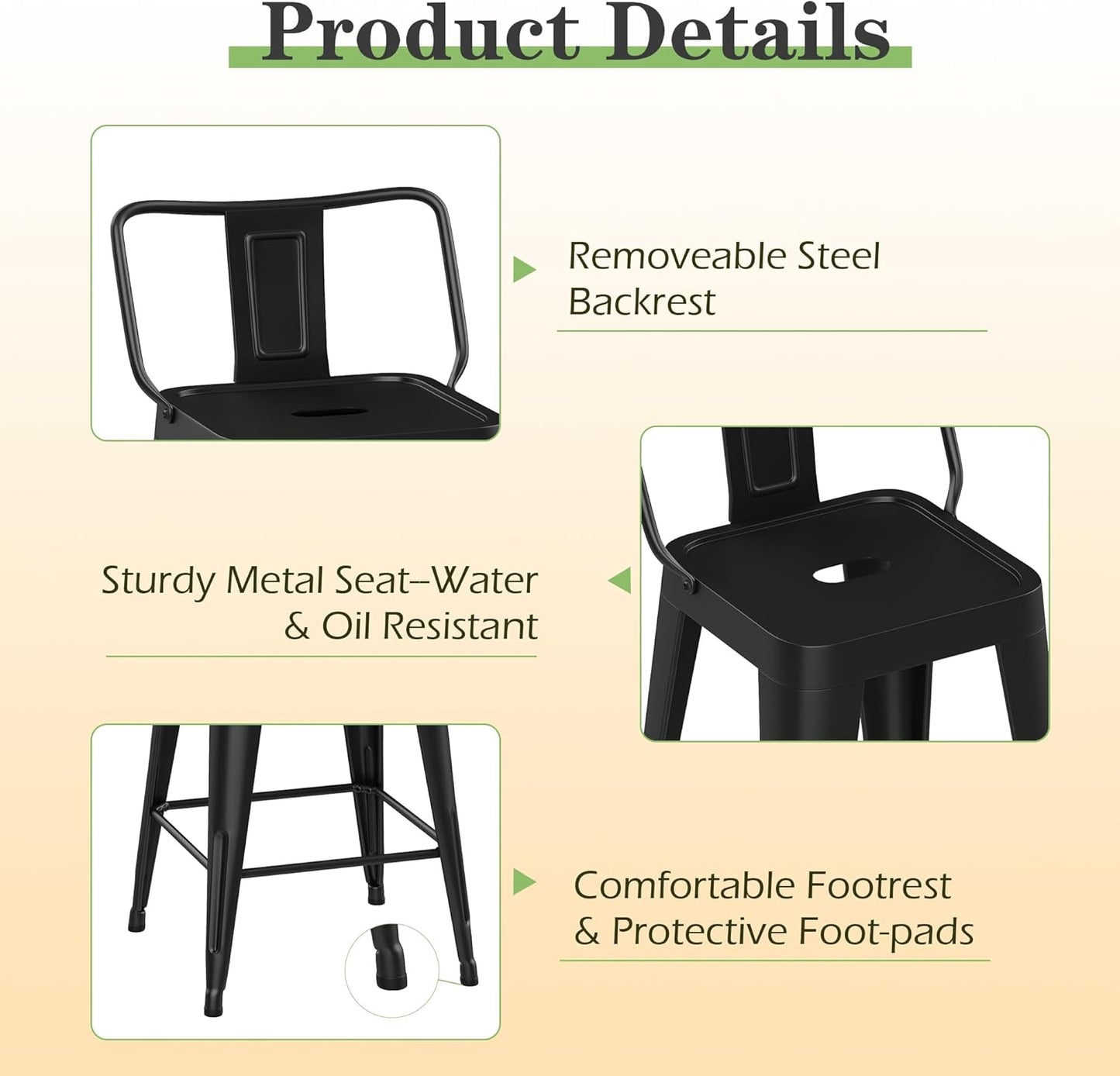 Metal Bar Stools Set of 4 Barstools Indoor/Outdoor Counter Height Bar Stools Bar Chairswith Back Counter Height for Kitchen Island Dining Room (Black, 26inch)