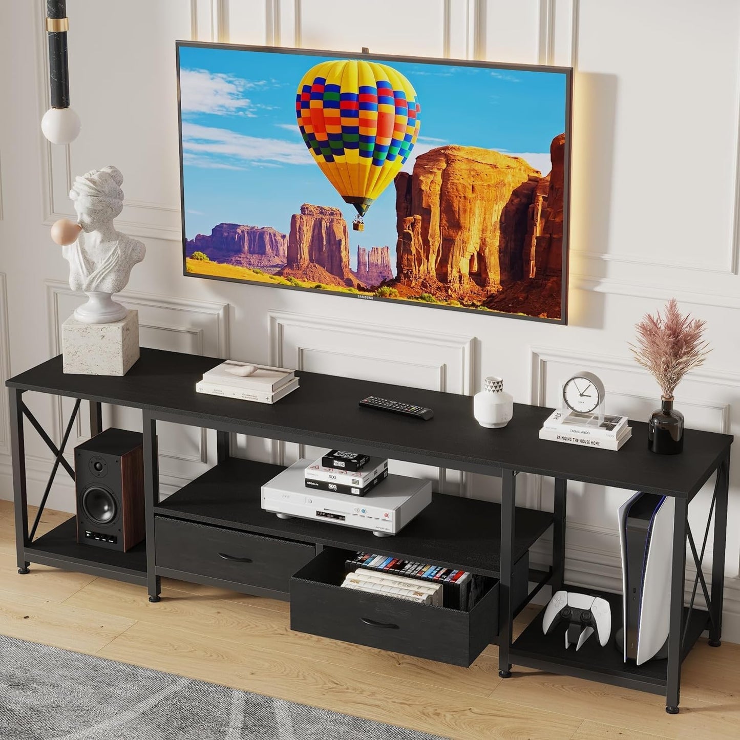 TV Stand with Fabric Drawer - Entertainment Center and Industrial TV Console Table with Open Storage Shelves for Living Room, Bedroom - 55.1" Rustic Brown