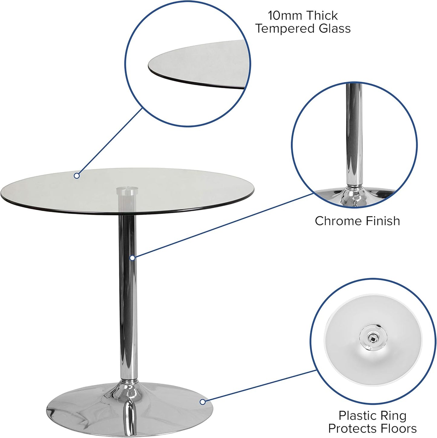Flash Furniture Hills 31.5'' Round Glass Dining Table with 29''H Chrome Base, Decorative Narrow Round Tempered Glass Cocktail Table, Clear/Silver