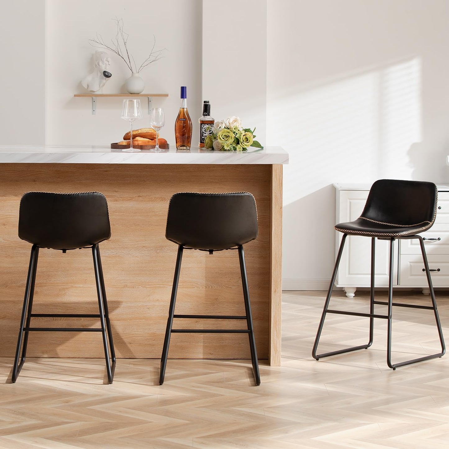 HeuGah Bar stools Set of 2,Faux Leather Counter Height Bar Stools,Dining Room Chairs with Metal Legs & Soft Backrest Easy to Assemble