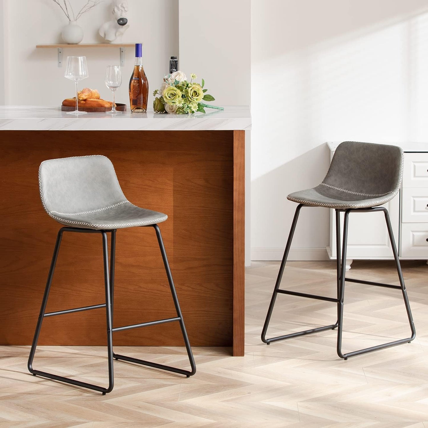 HeuGah Bar stools Set of 2,Faux Leather Counter Height Bar Stools,Dining Room Chairs with Metal Legs & Soft Backrest Easy to Assemble