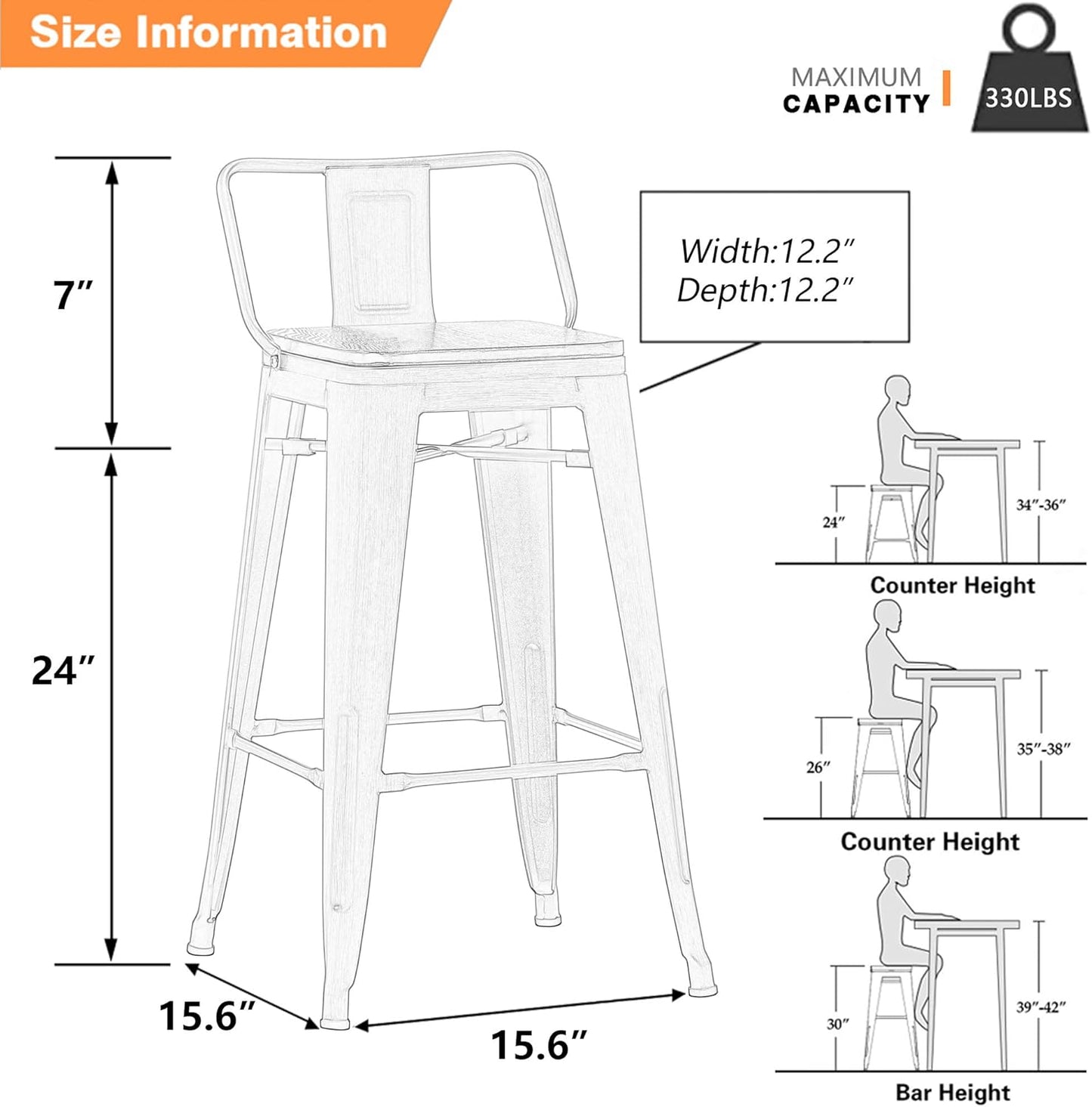 Yongchuang 24" Metal Barstools Set of 4 Counter Bar Stools with Wood Top Low Back Matte Black
