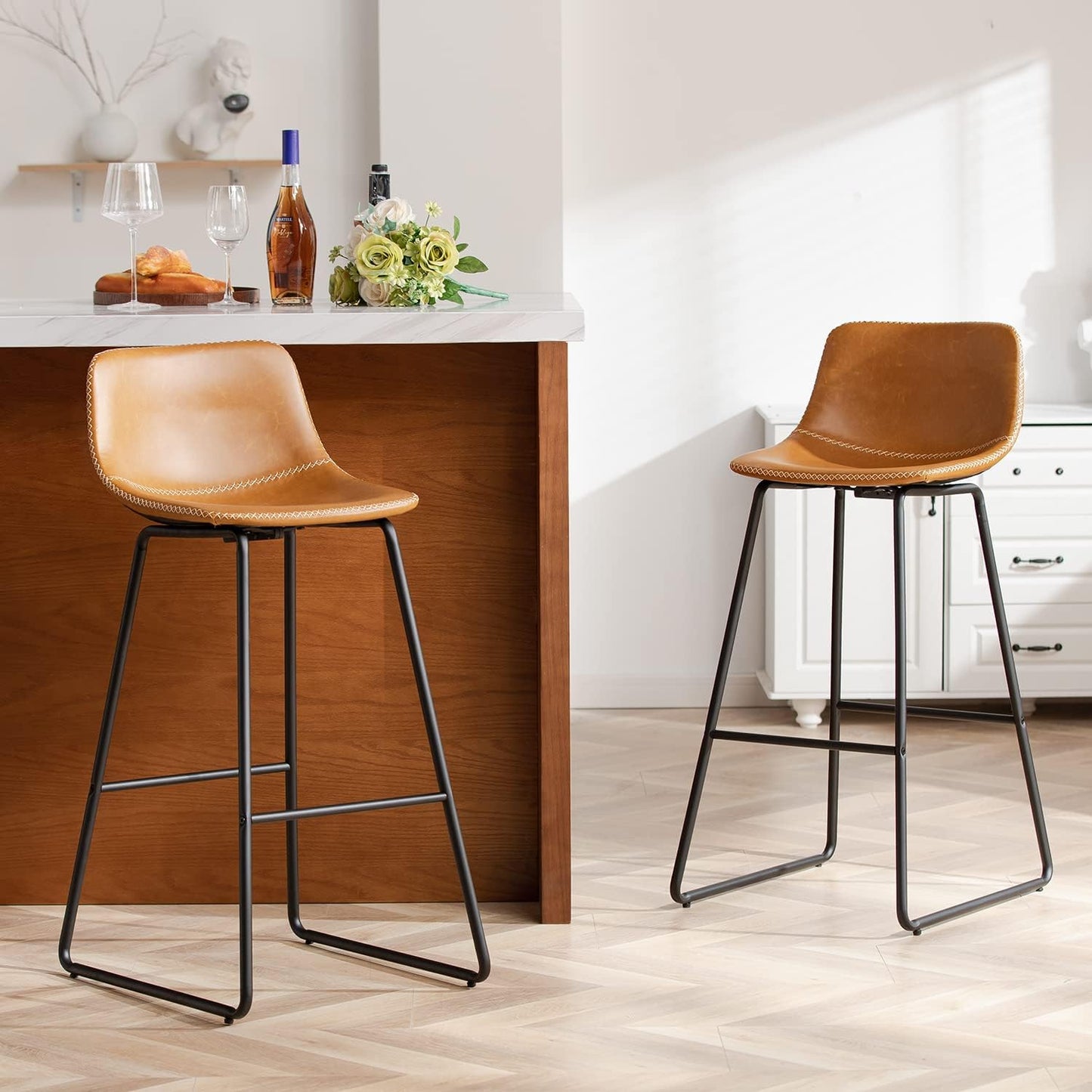 HeuGah Bar stools Set of 2,Faux Leather Counter Height Bar Stools,Dining Room Chairs with Metal Legs & Soft Backrest Easy to Assemble