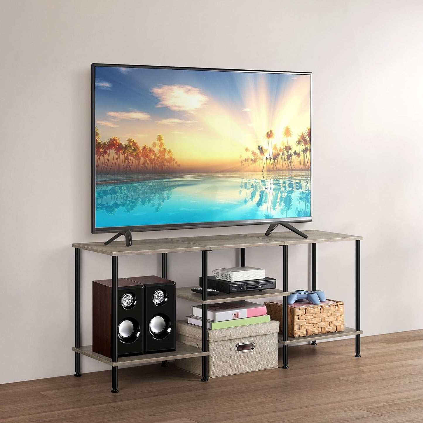 Industrial TV Stand with Storage for 50 inch TV Rustic TV Cabinet with Open Storage Shelf 3 Tier Entertainment Center Wood Console Table with Metal Round Tubes for Living Room Bedroom, Brown