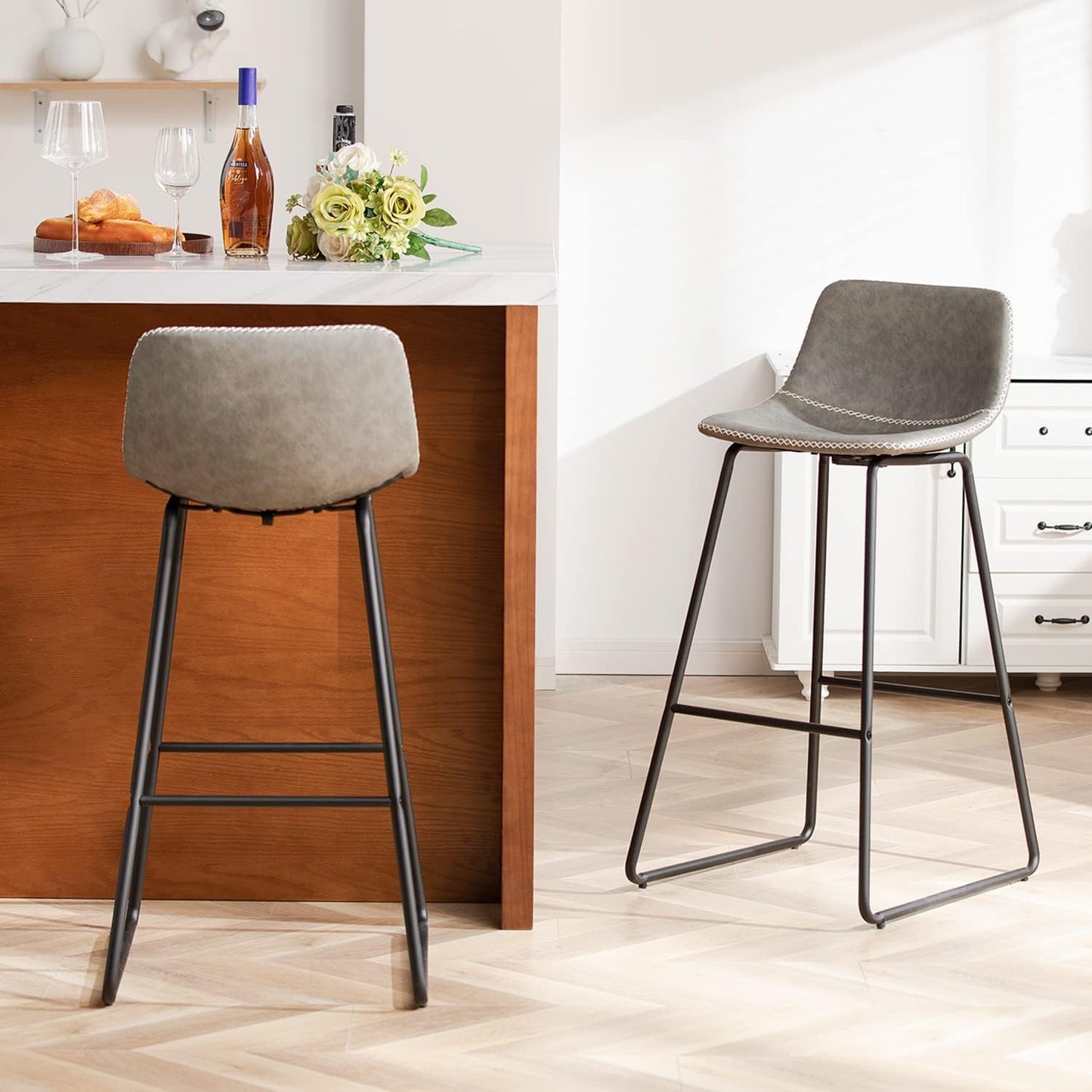 HeuGah Bar stools Set of 2,Faux Leather Counter Height Bar Stools,Dining Room Chairs with Metal Legs & Soft Backrest Easy to Assemble