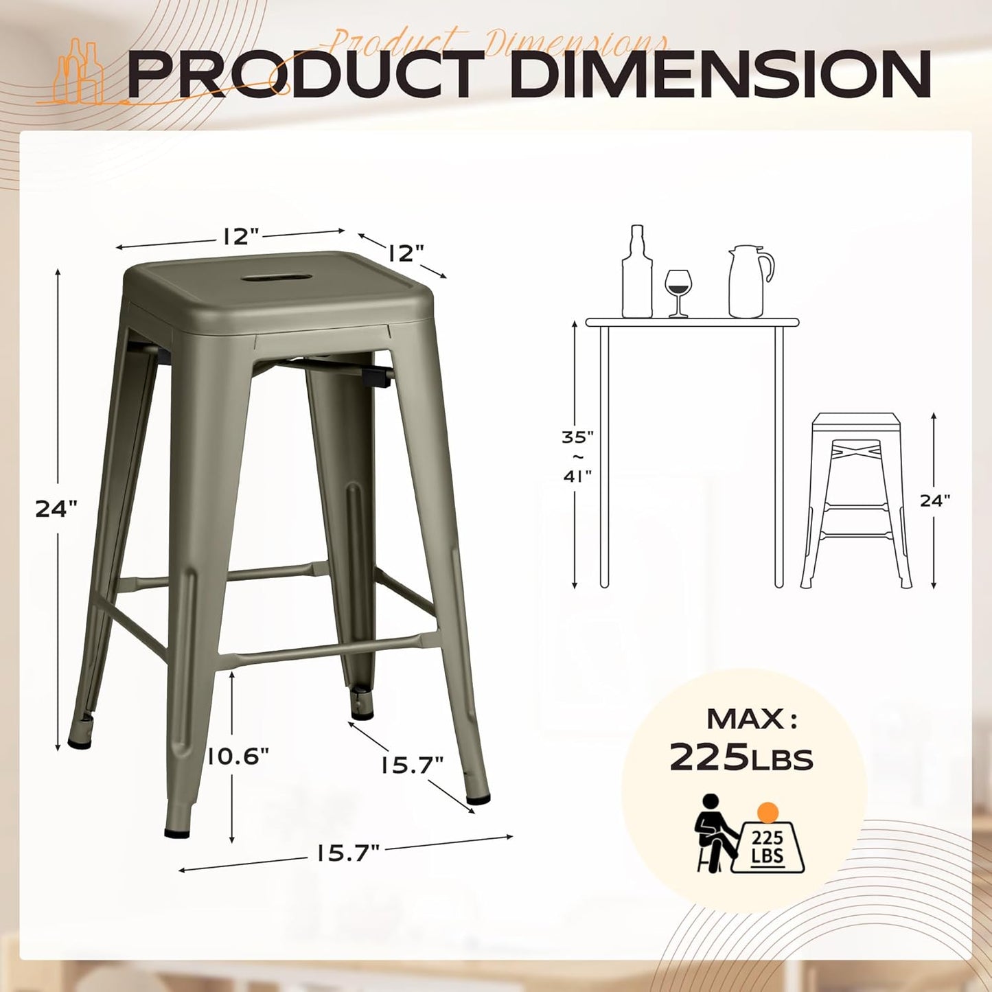 Furmax High Backless Silver Indoor-Outdoor Counter Height Stackable Bar Stools, Set of 4, Gun Metal