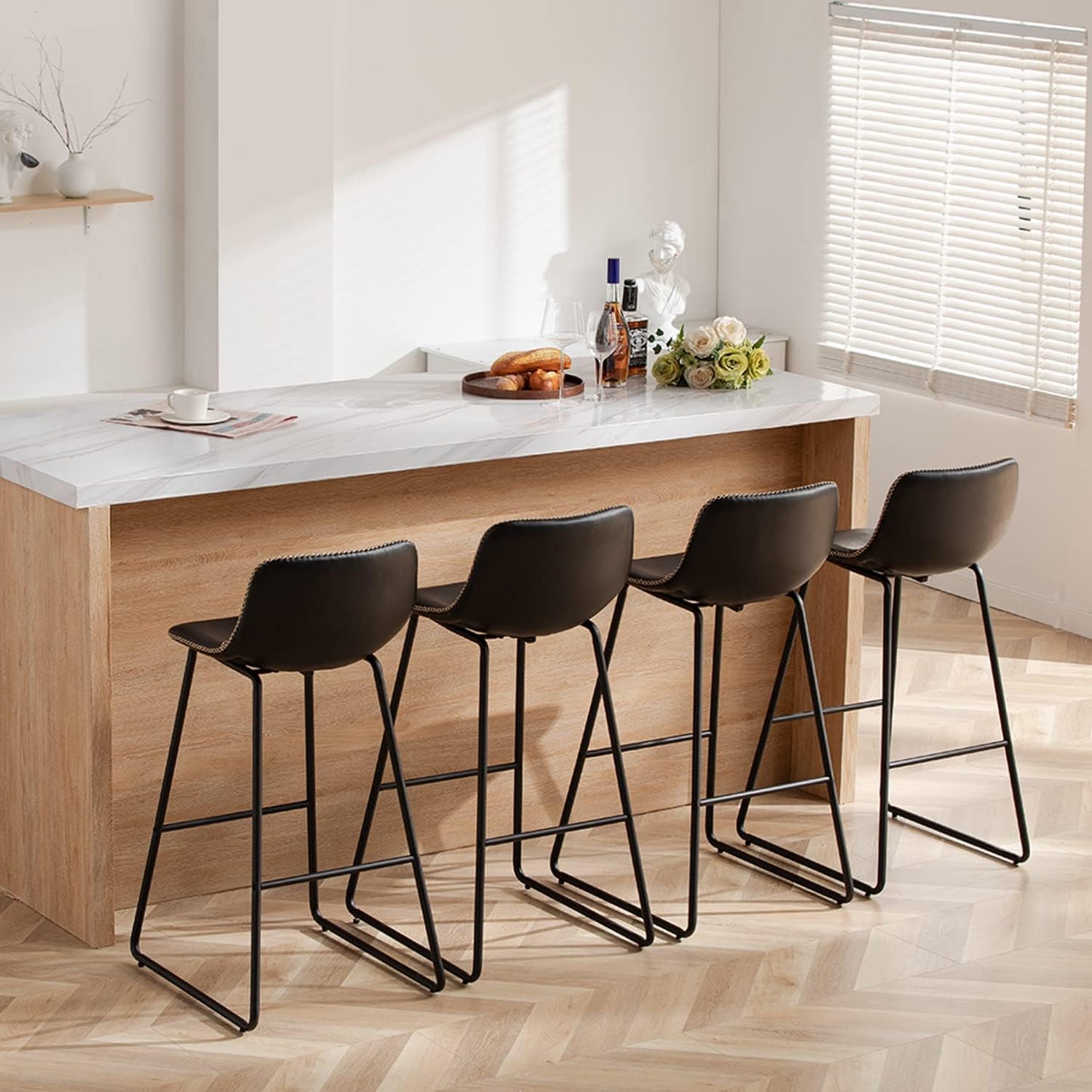 HeuGah Bar stools Set of 2,Faux Leather Counter Height Bar Stools,Dining Room Chairs with Metal Legs & Soft Backrest Easy to Assemble