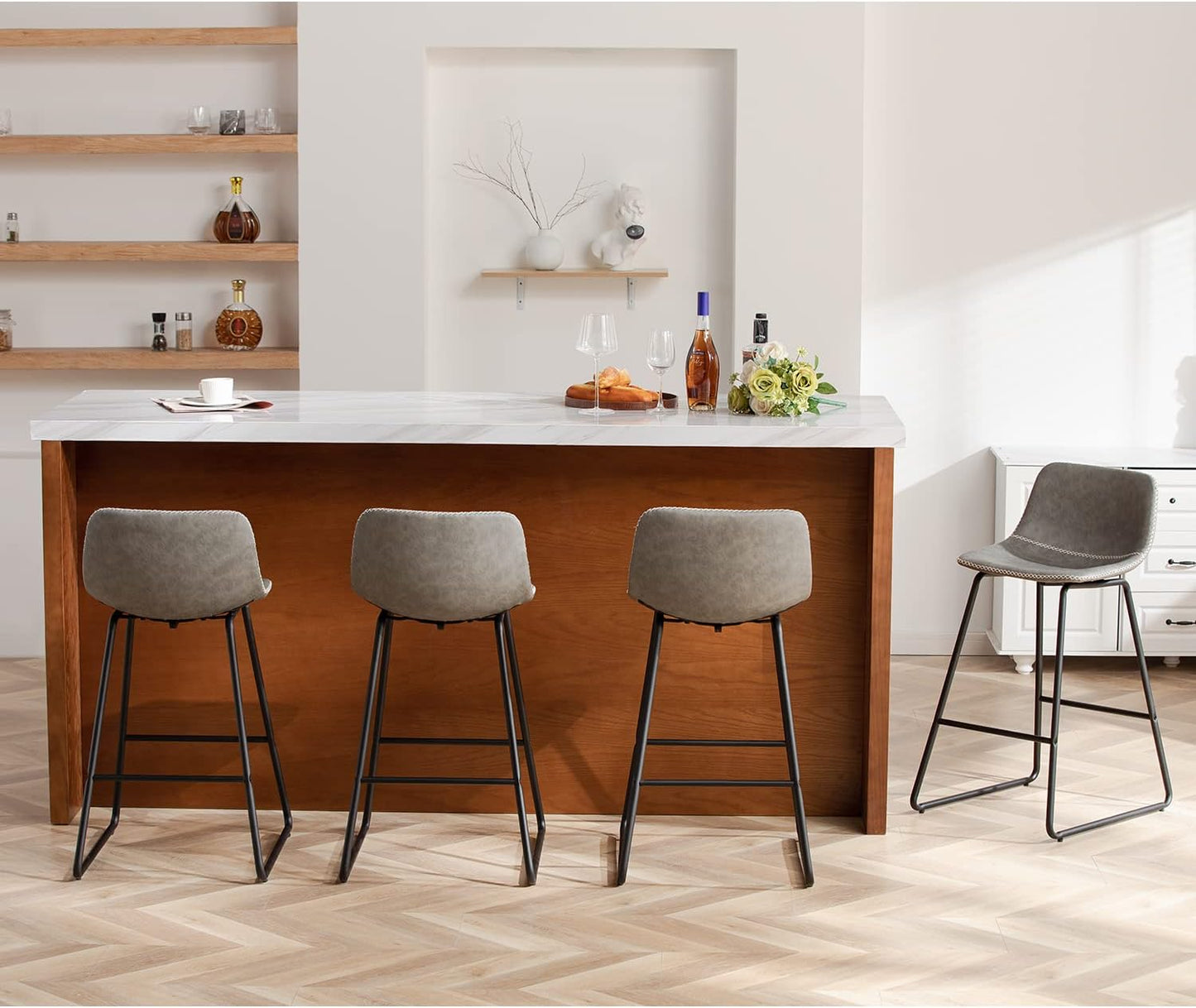 HeuGah Bar stools Set of 2,Faux Leather Counter Height Bar Stools,Dining Room Chairs with Metal Legs & Soft Backrest Easy to Assemble