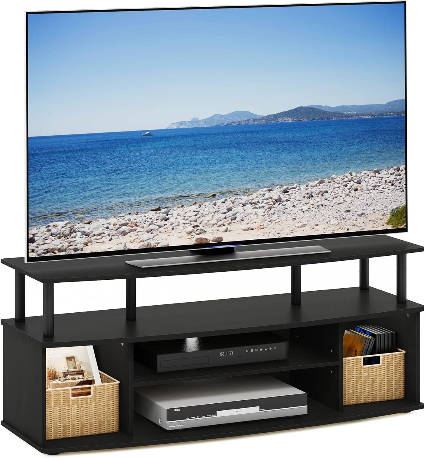 Furinno Jaya Large Entertainment Center Stand Unit/TV for up to 55 inch, Amber Pine/Black