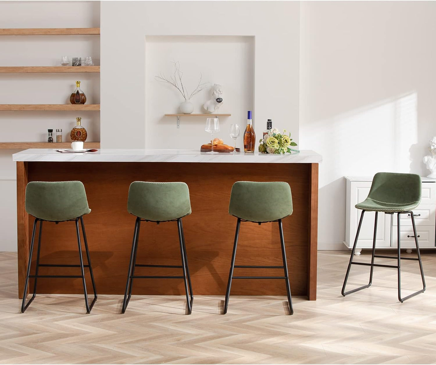 HeuGah Bar stools Set of 2,Faux Leather Counter Height Bar Stools,Dining Room Chairs with Metal Legs & Soft Backrest Easy to Assemble