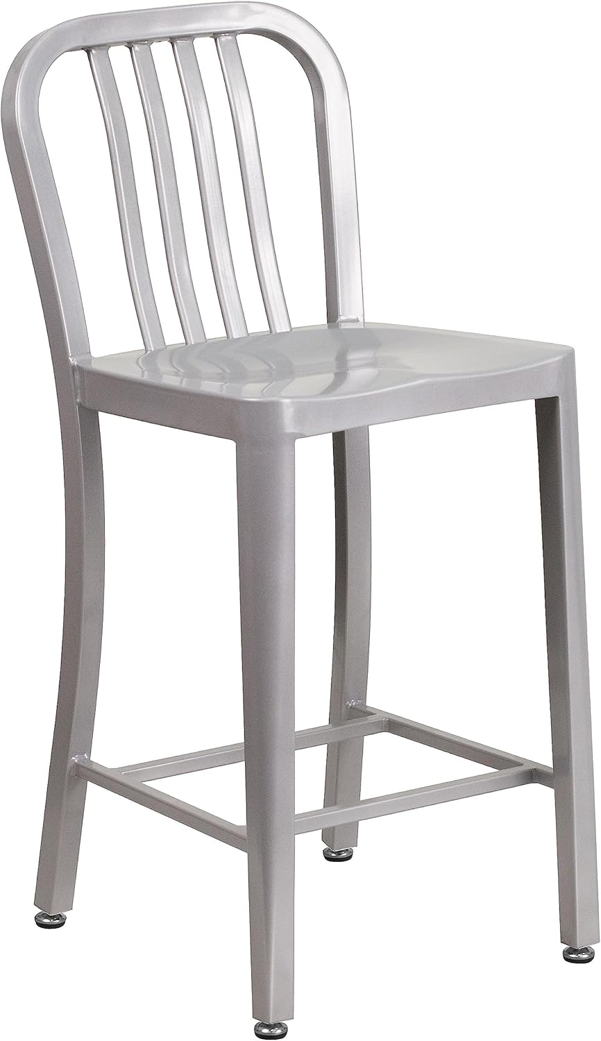 Flash Furniture 24" Commercial Grade Metal Counter Height Stool with Footrest, Modern Vertical Slat Back Stool for Restaurants and Kitchens, Silver