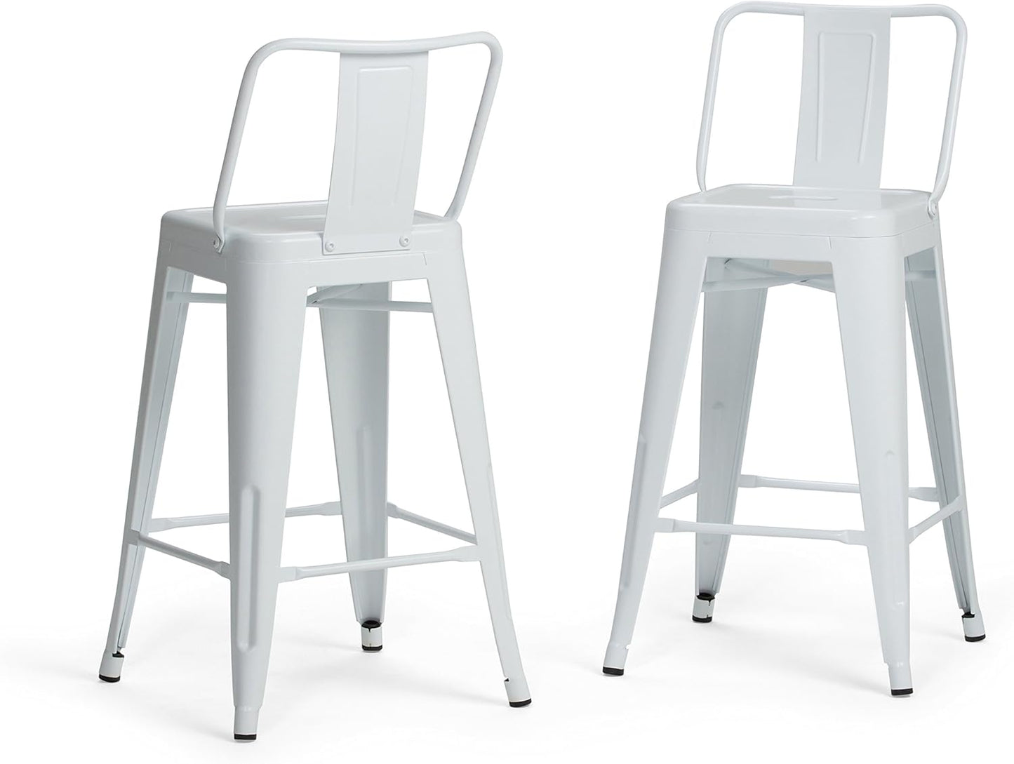 SIMPLIHOME Rayne Counter Stools (Set of 2) - 24 Inch Seat Height Metal Kitchen Seats in White, Industrial Seating for Dining Room or Kitchen with Curved Backrest and Footrest