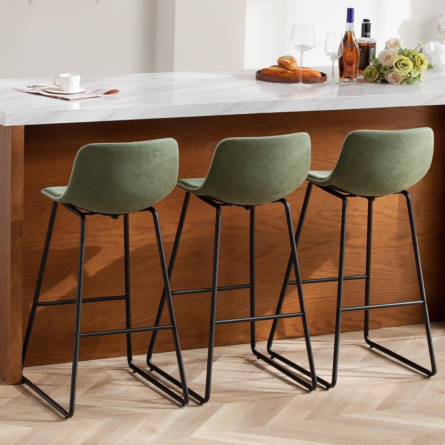 HeuGah Bar stools Set of 2,Faux Leather Counter Height Bar Stools,Dining Room Chairs with Metal Legs & Soft Backrest Easy to Assemble