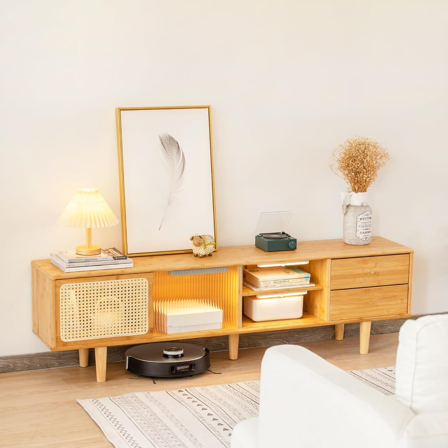 Tiita TV Stand with Storage for TVs up to 65'', Bamboo TV Console Entertainment Center with 2 Open Shelf, Mid Century Modern Media Console for Living Room, Bedroom, Walnut