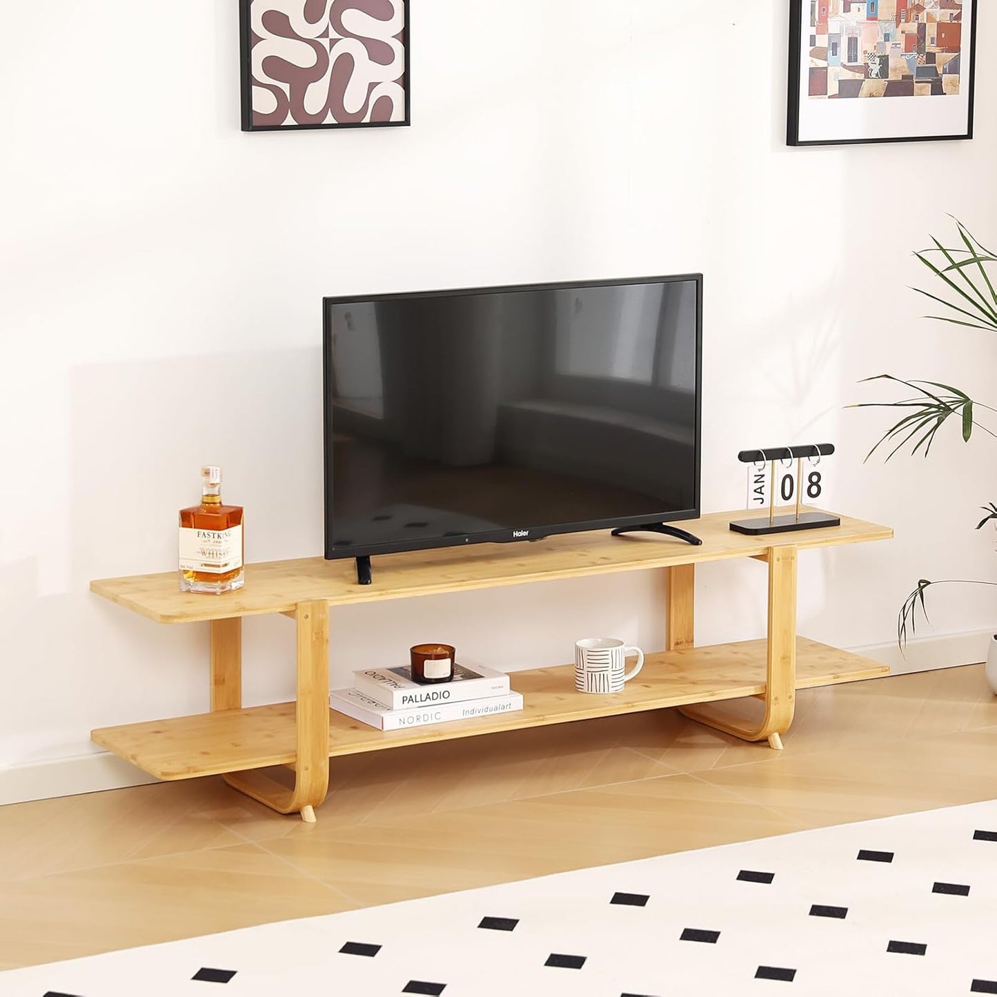 Tiita TV Stand with Storage for TVs up to 65'', Bamboo TV Console Entertainment Center with 2 Open Shelf, Mid Century Modern Media Console for Living Room, Bedroom, Walnut
