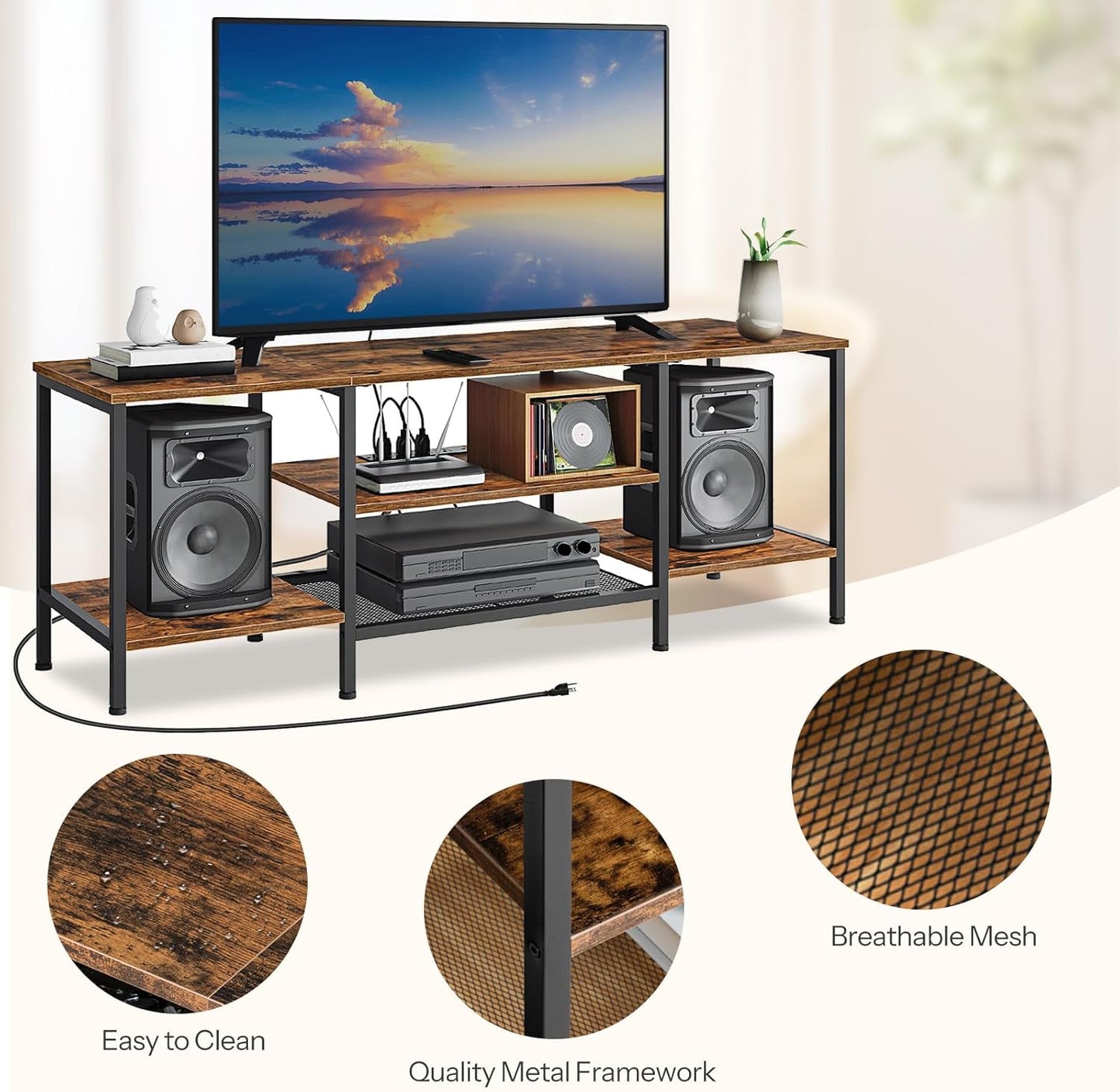 HOOBRO TV Stand with Power Outlets to 65 Inches, TV Console Table with Open Storage Shelves, Industrial Media Entertainment Center for Living Room Bedroom, Rustic Brown and Black BF40DS01