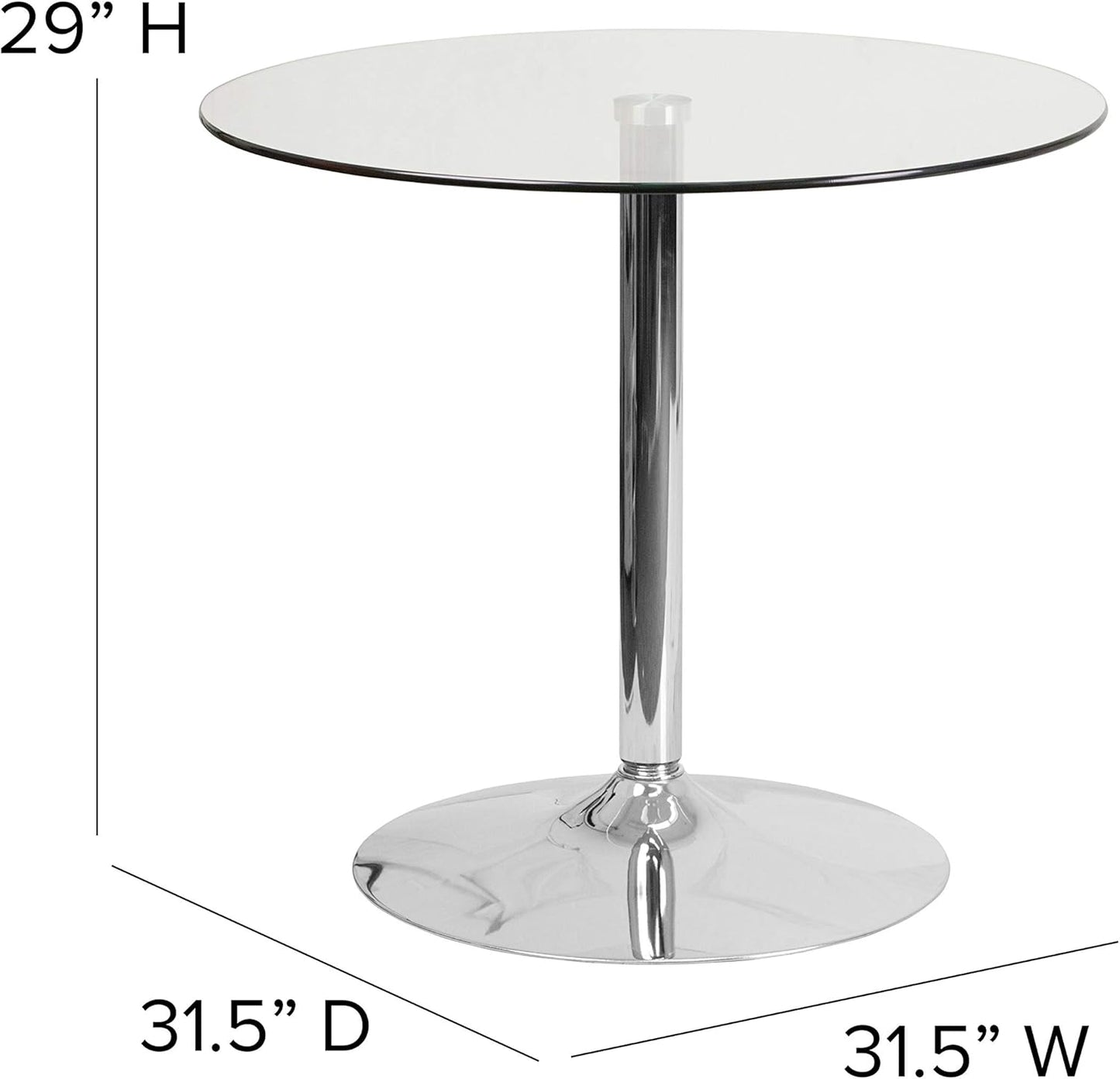 Flash Furniture Hills 31.5'' Round Glass Dining Table with 29''H Chrome Base, Decorative Narrow Round Tempered Glass Cocktail Table, Clear/Silver