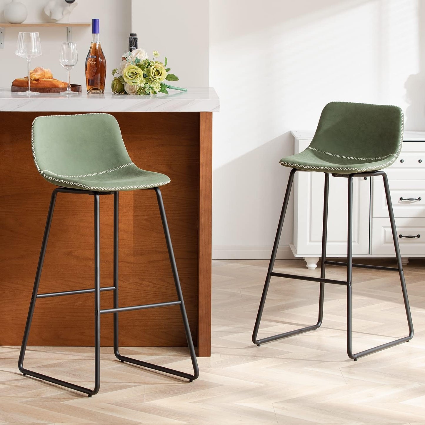 HeuGah Bar stools Set of 2,Faux Leather Counter Height Bar Stools,Dining Room Chairs with Metal Legs & Soft Backrest Easy to Assemble