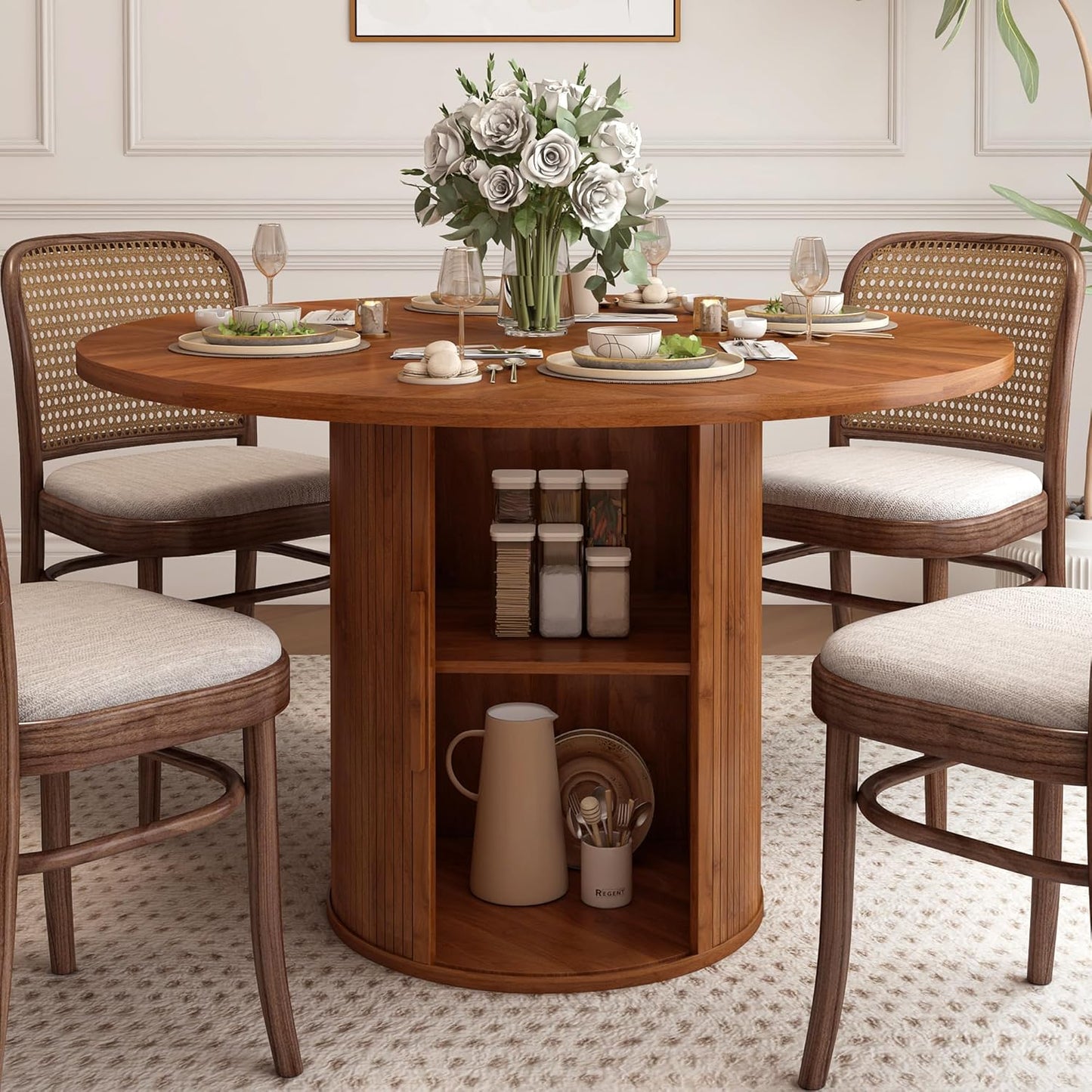 47 inch Round Dining Table for 4, Kitchen Table Dinner Table with 2-Layer Storage Shelf and Wood Slide Door for Home Dining Room Living Room (Natural)