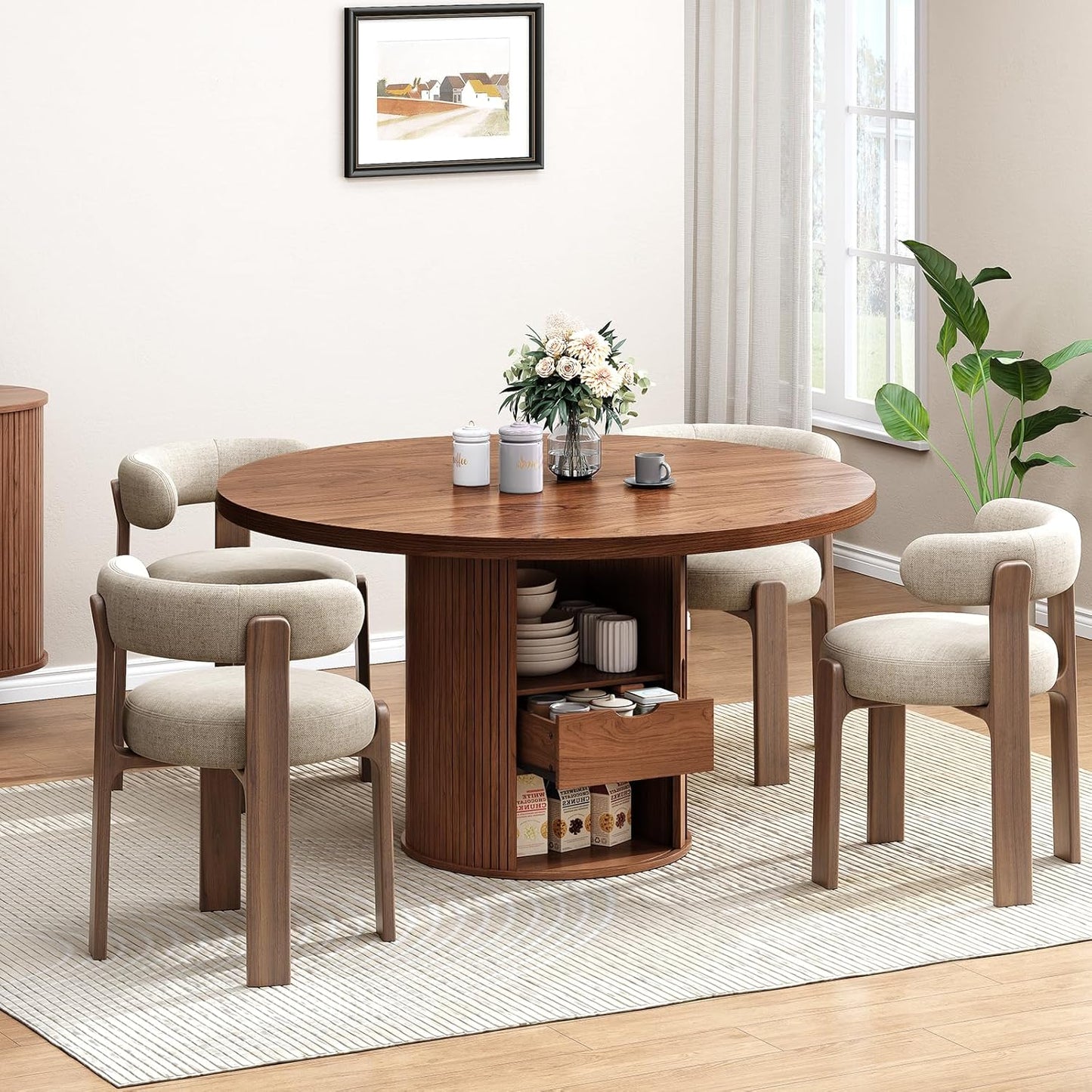 47 inch Round Dining Table for 4, Circle Kitchen Table with 2-Layer Storage Shelf and a Drawer, Modern Farmhouse Dinner Tables with Sliding Door and Wood Strip Base for Kitchen, Living Room (Walnut)