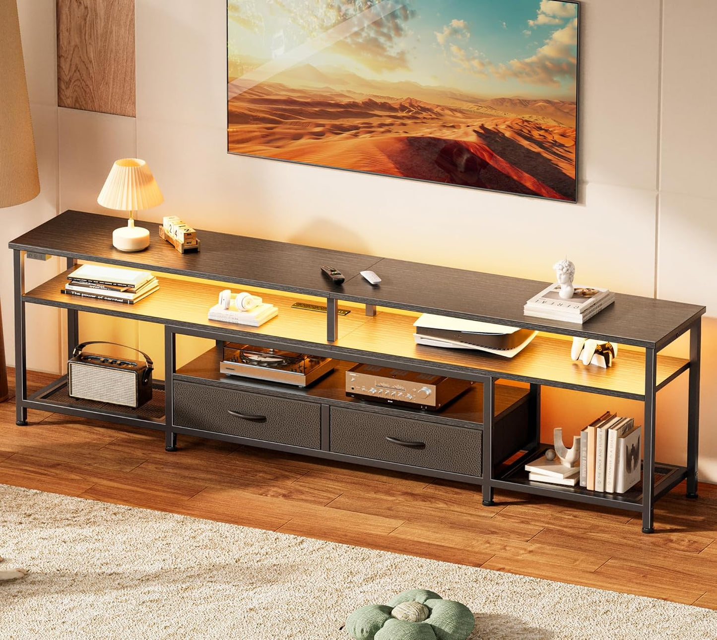 Huuger TV Stand for 65 70 Inch TV, Entertainment Center with Power Outlets and LED Lights, TV Console for Living Room, Media Console with Drawers and Shelves, Black