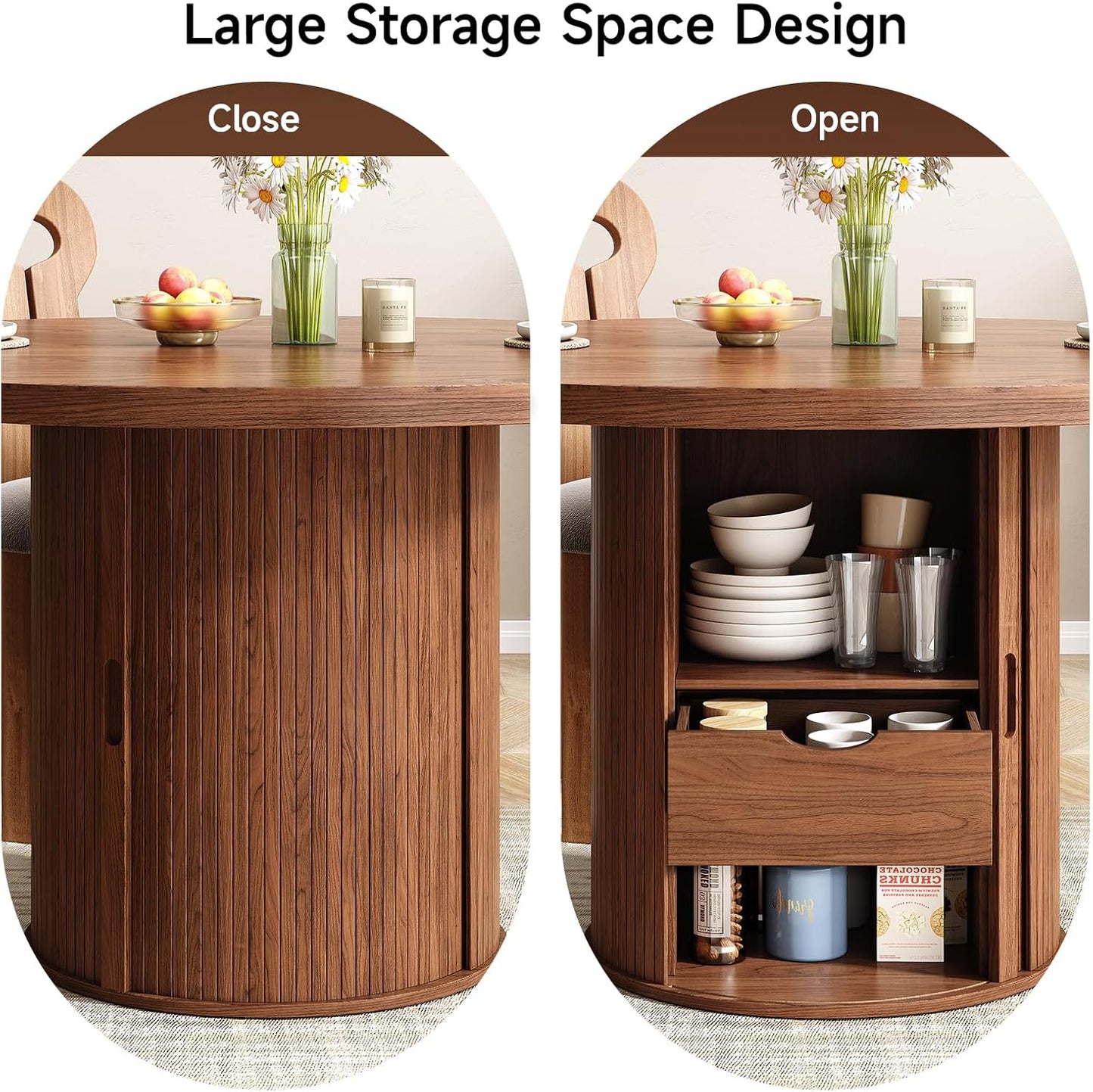 47 inch Round Dining Table for 4, Circle Kitchen Table with 2-Layer Storage Shelf and a Drawer, Modern Farmhouse Dinner Tables with Sliding Door and Wood Strip Base for Kitchen, Living Room (Walnut)
