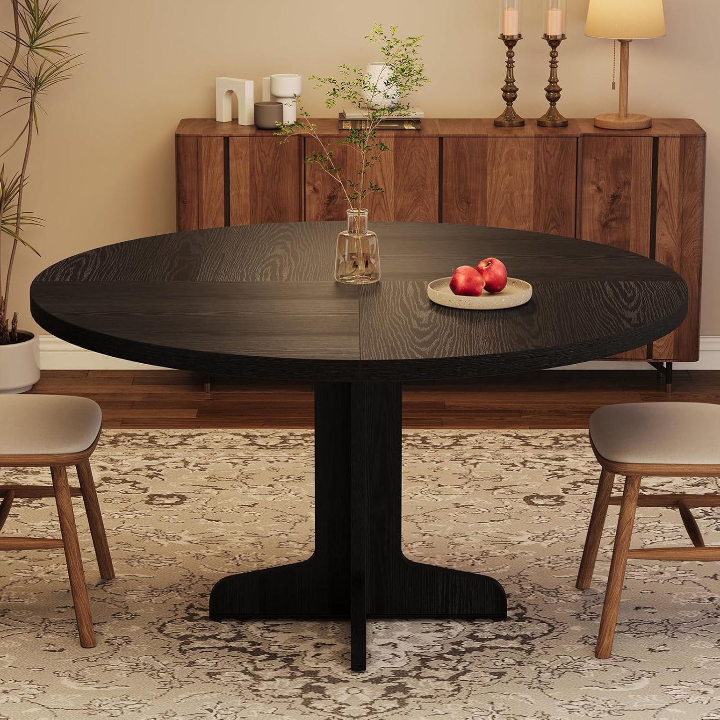 IDEALHOUSE Round Dining Table for 4, 47 Inches Dining Room Table with Wooden Base, Circle Kitchen Dinner Table for Dining Room, Kitchen, Living Room (Table Only), Black
