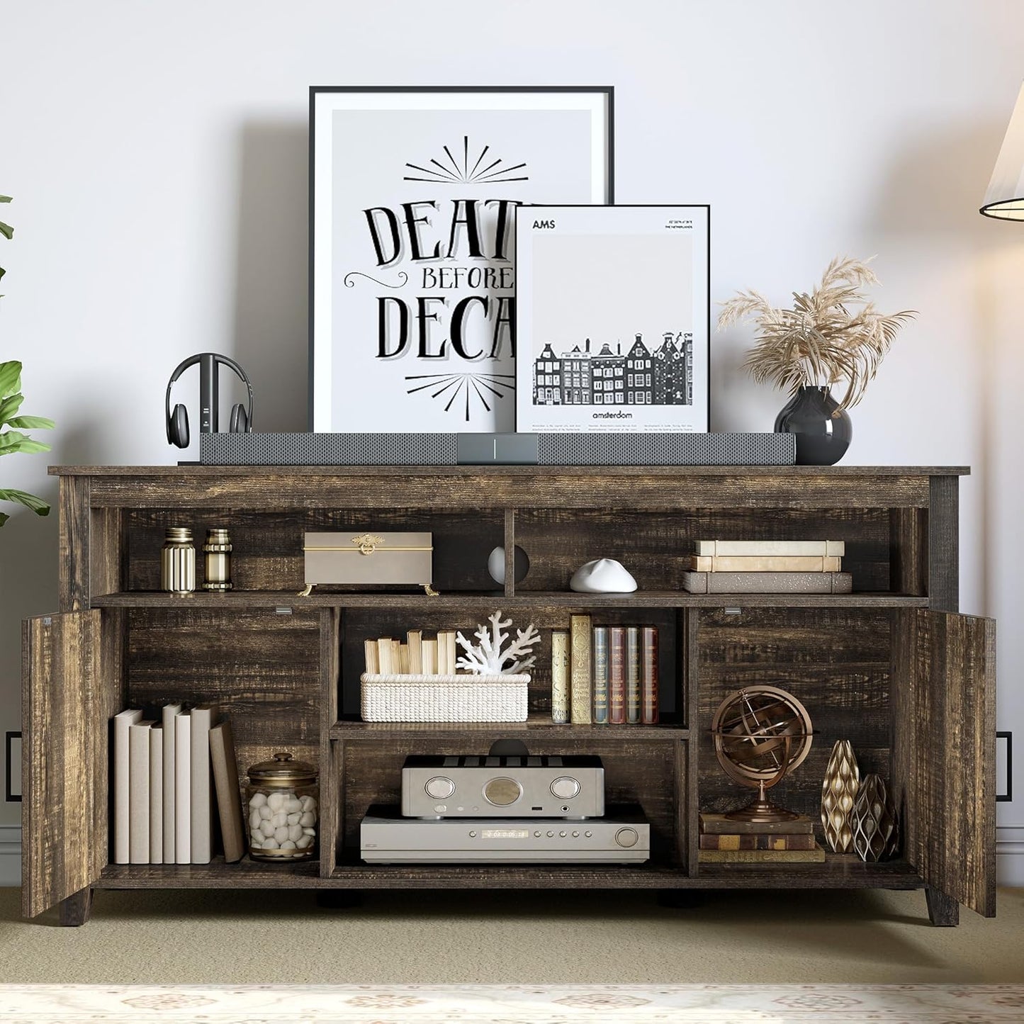 DWVO TV Stands for Living Room, Farmhouse Entertainment Center for 65 Inch TV, Rustic TV Console with Storage and Barn Door, Console Table Media Television Stands, 59 Inches, Light Rustic Oak