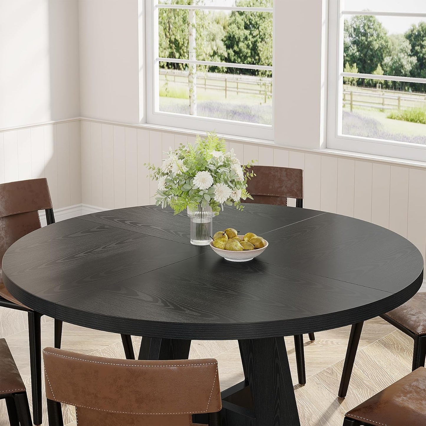 Tribesigns Round Dining Table Wood Kitchen Table for Dining Room, 47 in Dinning Room Tables for 4 Man, Farmhouse Dinner Table with Wooden Tabletop and Cross Base, Black