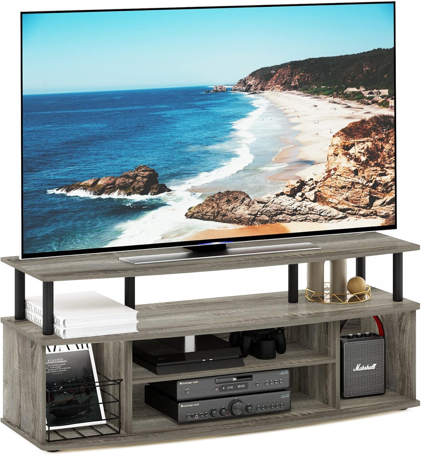 Furinno Jaya Large Entertainment Center Stand Unit/TV for up to 55 inch, Amber Pine/Black