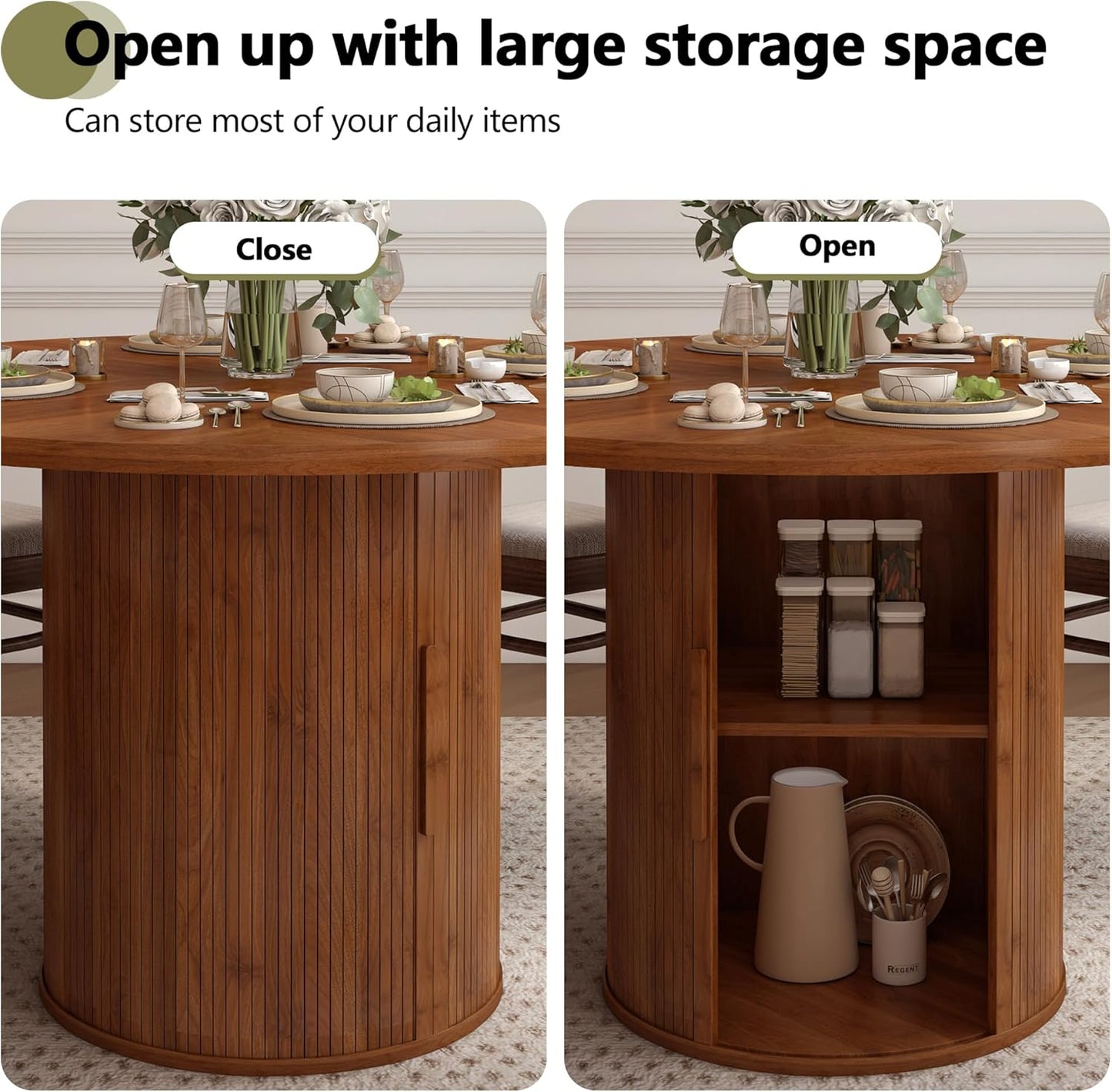 47 inch Round Dining Table for 4, Kitchen Table Dinner Table with 2-Layer Storage Shelf and Wood Slide Door for Home Dining Room Living Room (Walnut)