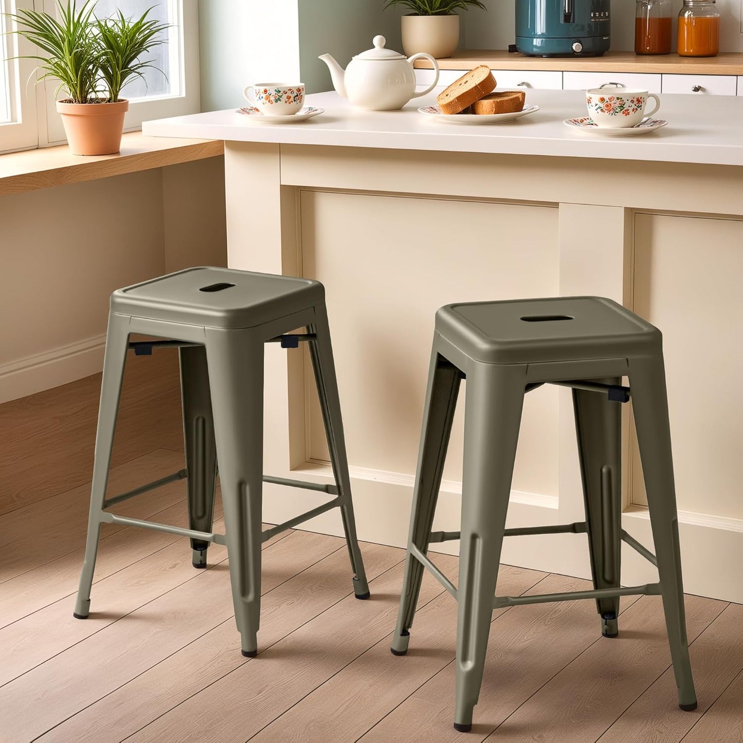 Furmax High Backless Silver Indoor-Outdoor Counter Height Stackable Bar Stools, Set of 4, Gun Metal