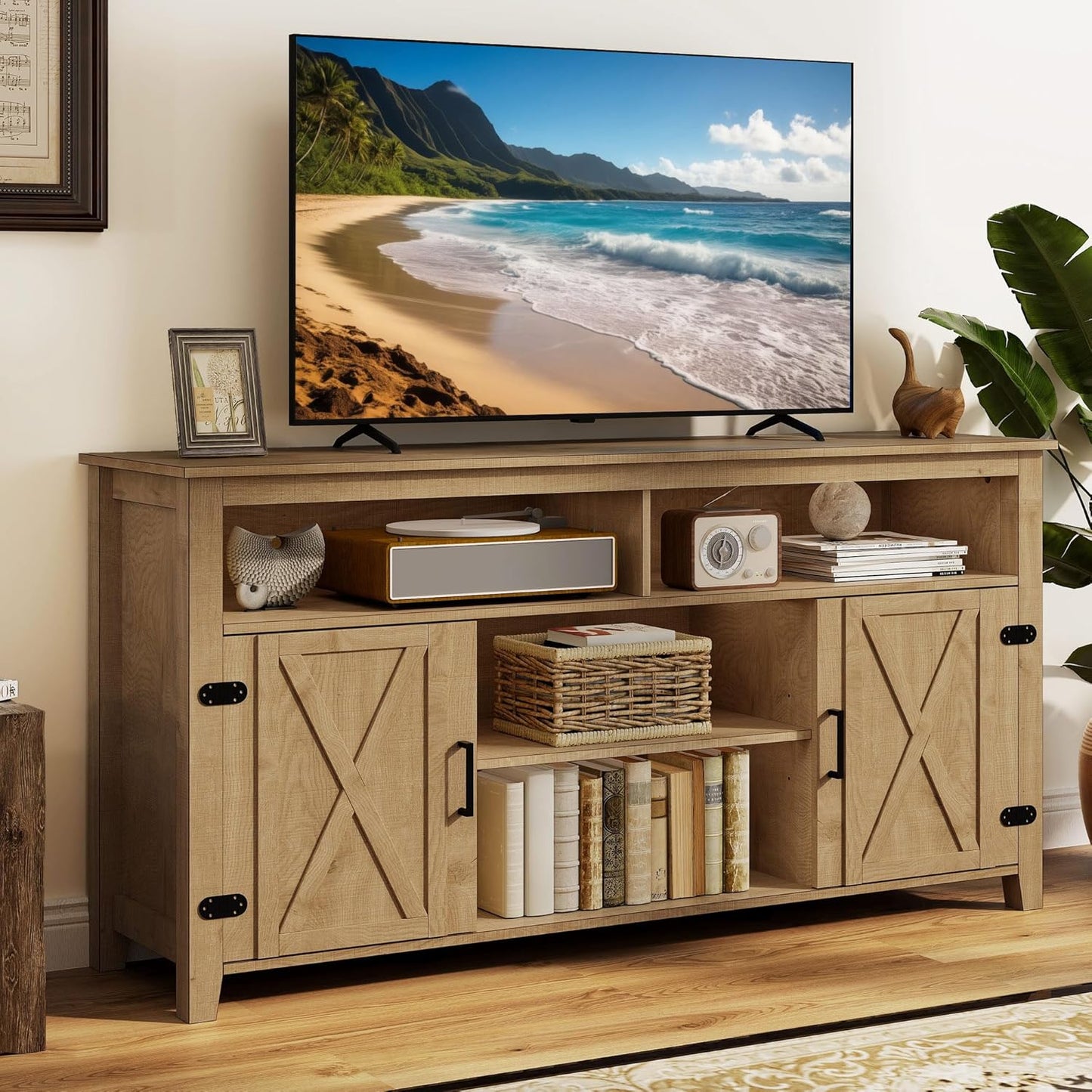 DWVO TV Stands for Living Room, Farmhouse Entertainment Center for 65 Inch TV, Rustic TV Console with Storage and Barn Door, Console Table Media Television Stands, 59 Inches, Light Rustic Oak