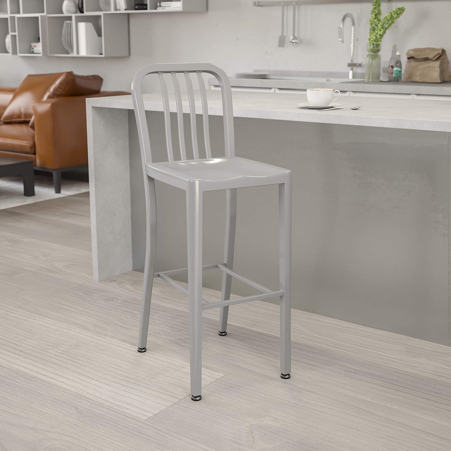 Flash Furniture Gael 30" Commercial Metal Barstools with Footrest, Vertical Slat Back Bar Height Stools for Restaurants and Kitchens, Set of 2, Silver