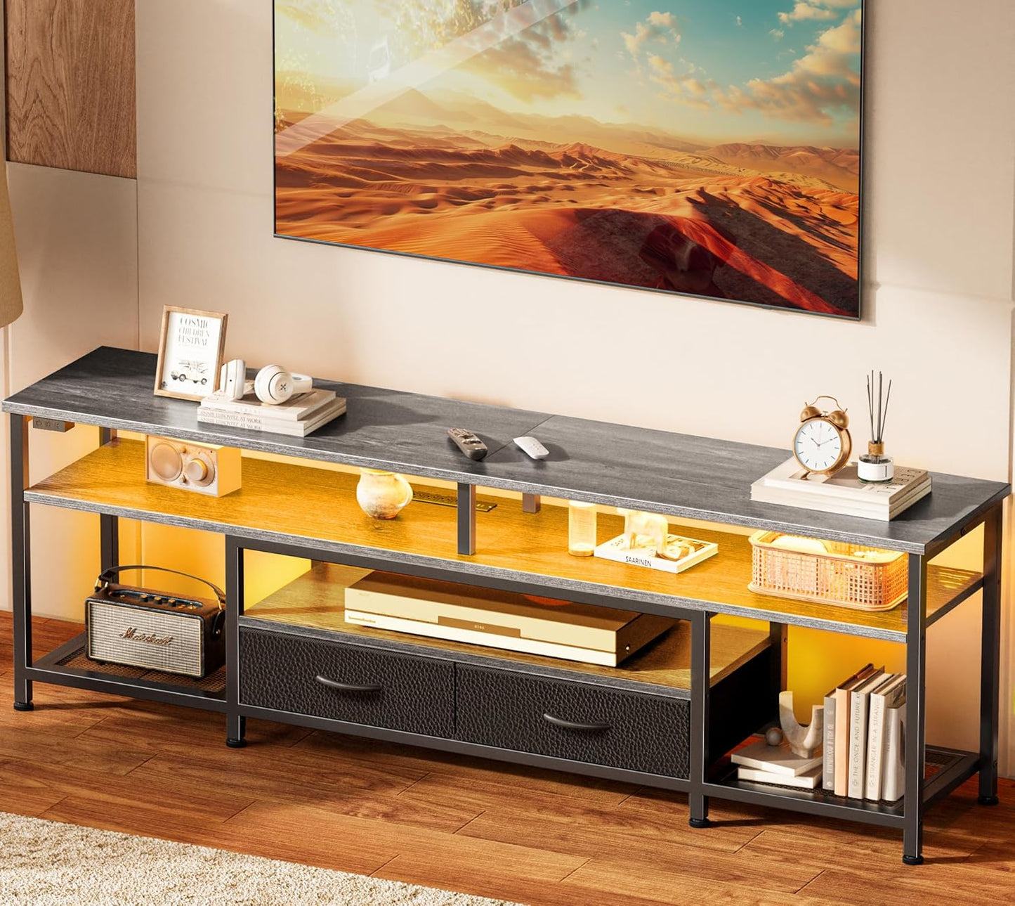 Huuger TV Stand for 65 70 Inch TV, Entertainment Center with Power Outlets and LED Lights, TV Console for Living Room, Media Console with Drawers and Shelves, Black