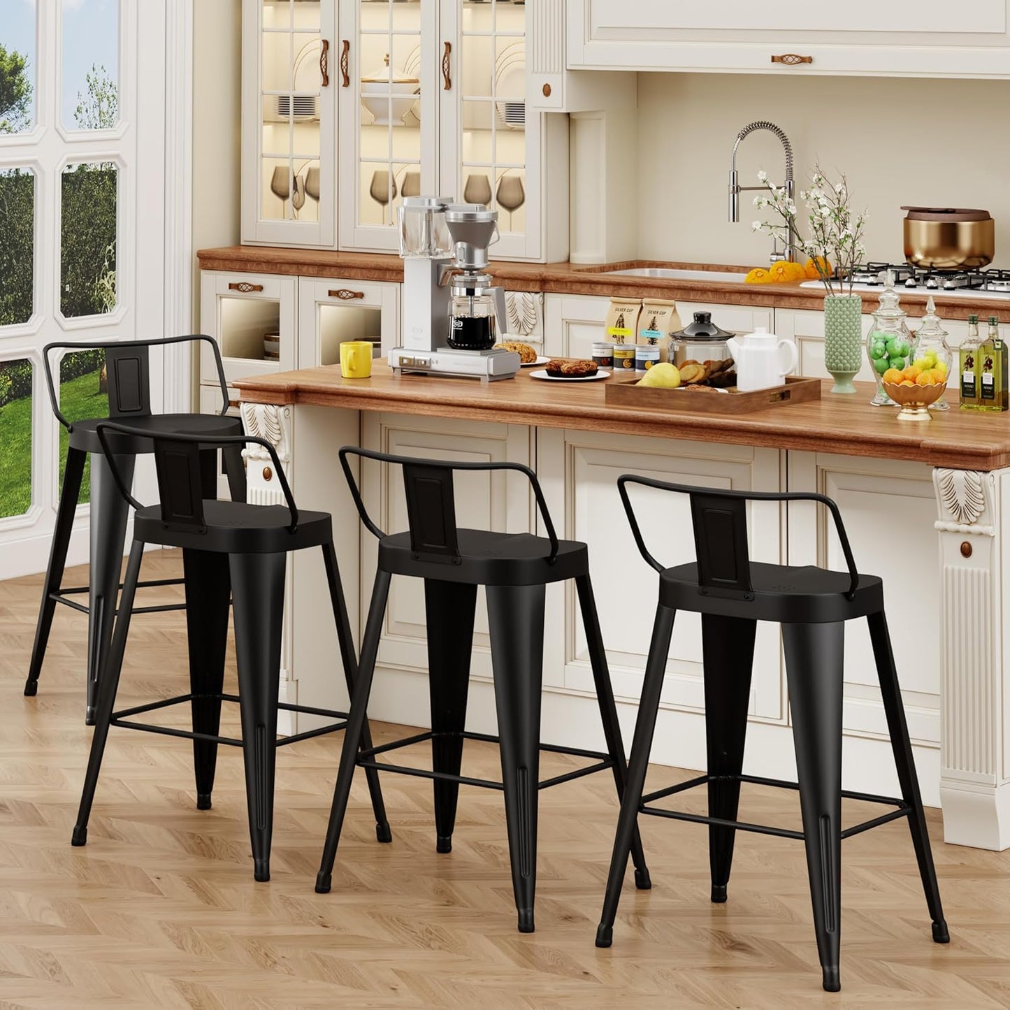 ALISH 24 Inch Bar Stools Set of 4, Industrial Metal Barstools Farmhouse Bar Chairs with Large Seat for Kitchen Island (24 Inch, Black)