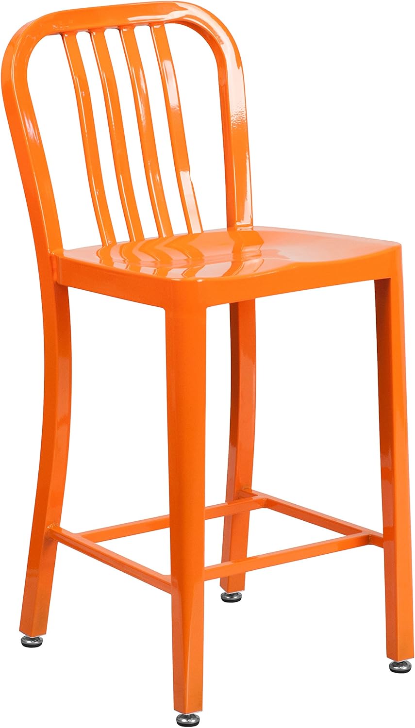Flash Furniture 24" Commercial Grade Metal Counter Height Stool with Footrest, Modern Vertical Slat Back Stool for Restaurants and Kitchens, Silver